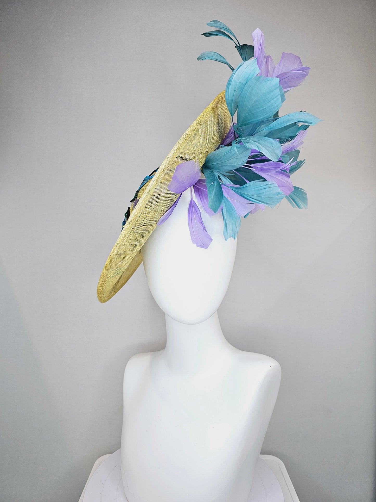 kentucky derby hat fascinator yellow sinamay saucer with blue violet purple feathers and blue lavender purple  gold embroidered flowers