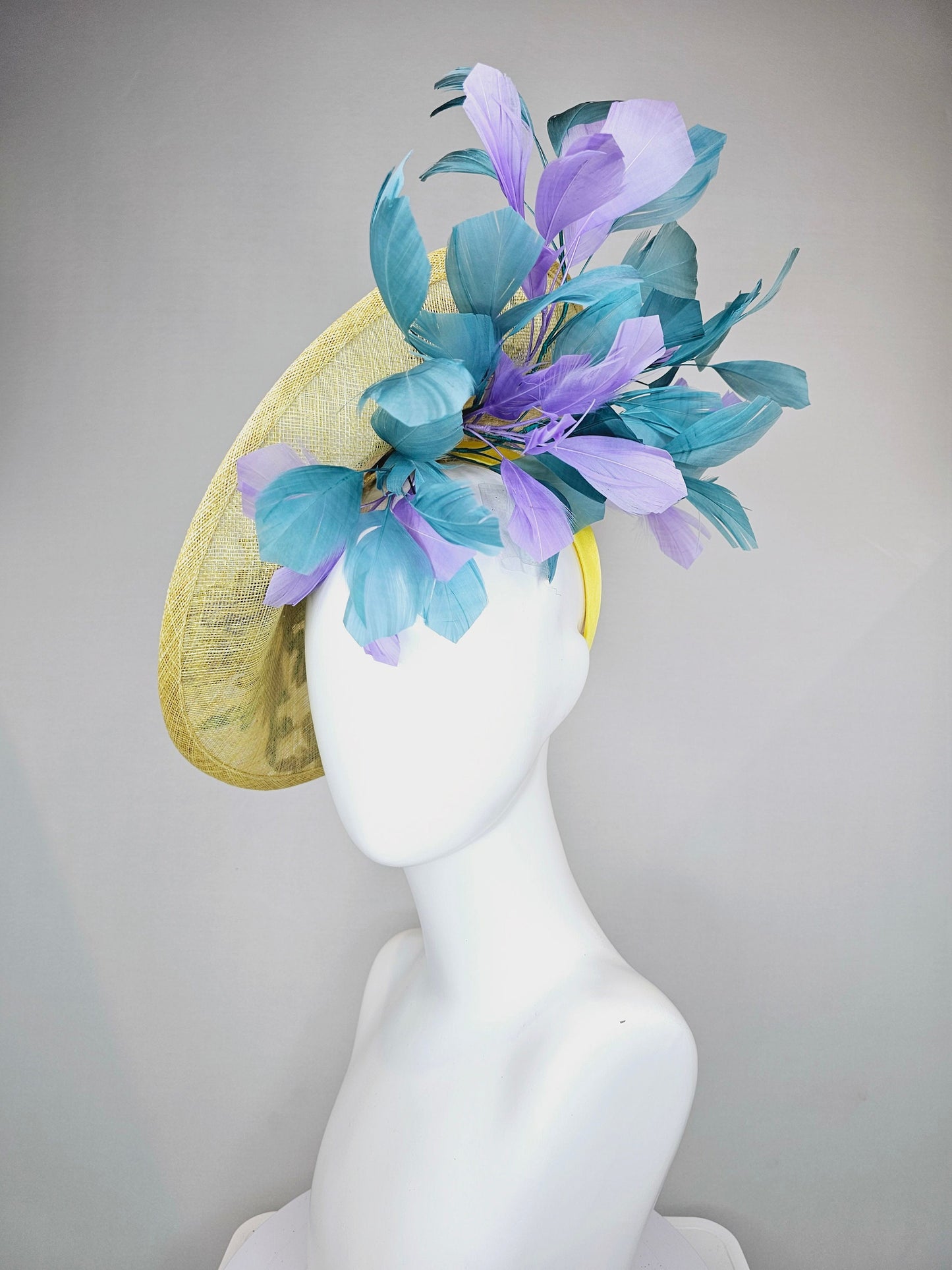 kentucky derby hat fascinator yellow sinamay saucer with blue violet purple feathers and blue lavender purple  gold embroidered flowers