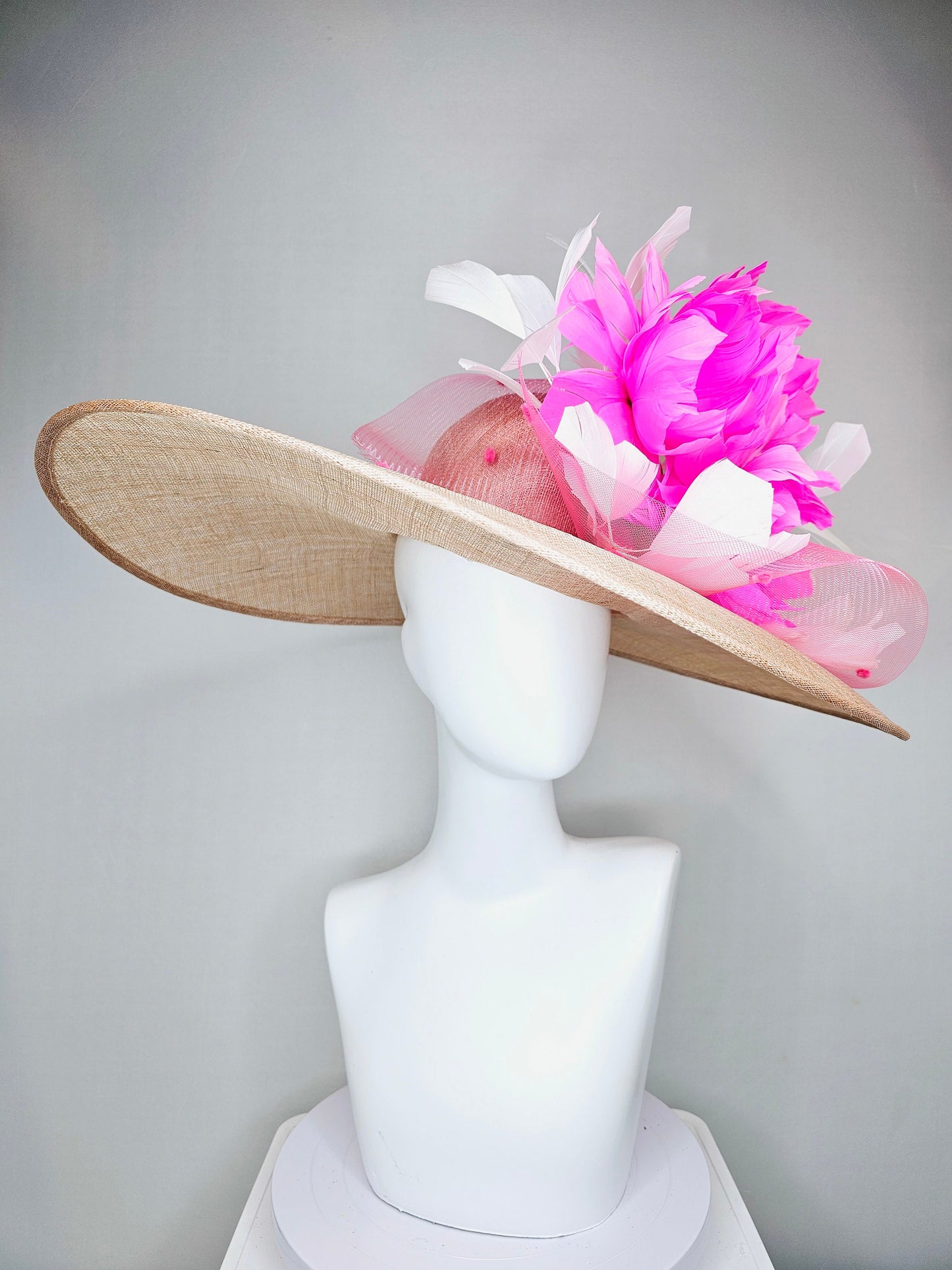 kentucky derby hat large wide brim sinamay neutral taupe beige hat with large white feathers bright pink  feather flowers