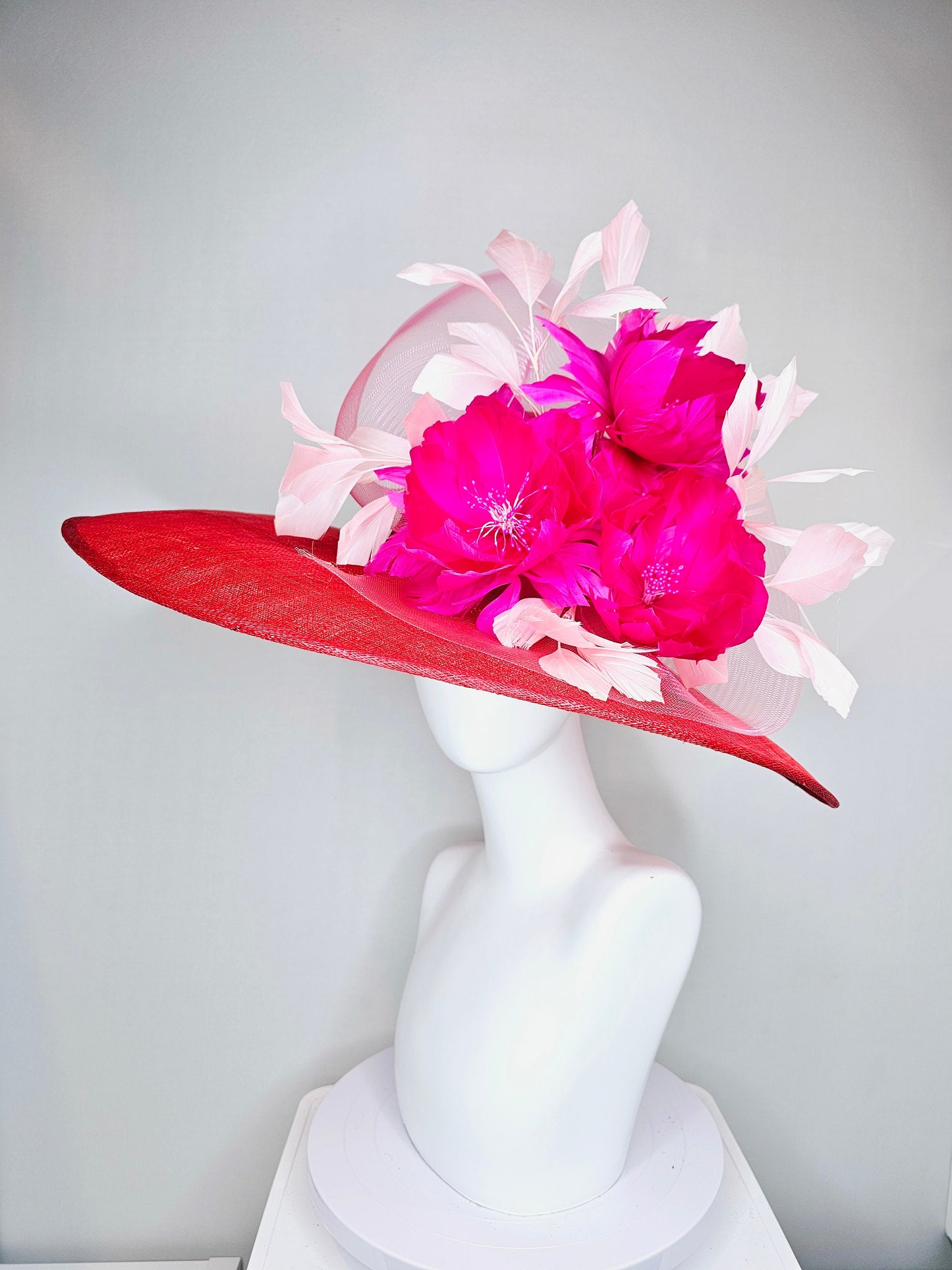 kentucky derby hat large wide brim sinamay red hat with light pink  feathers bright hot pink fuchsia  feather flowers