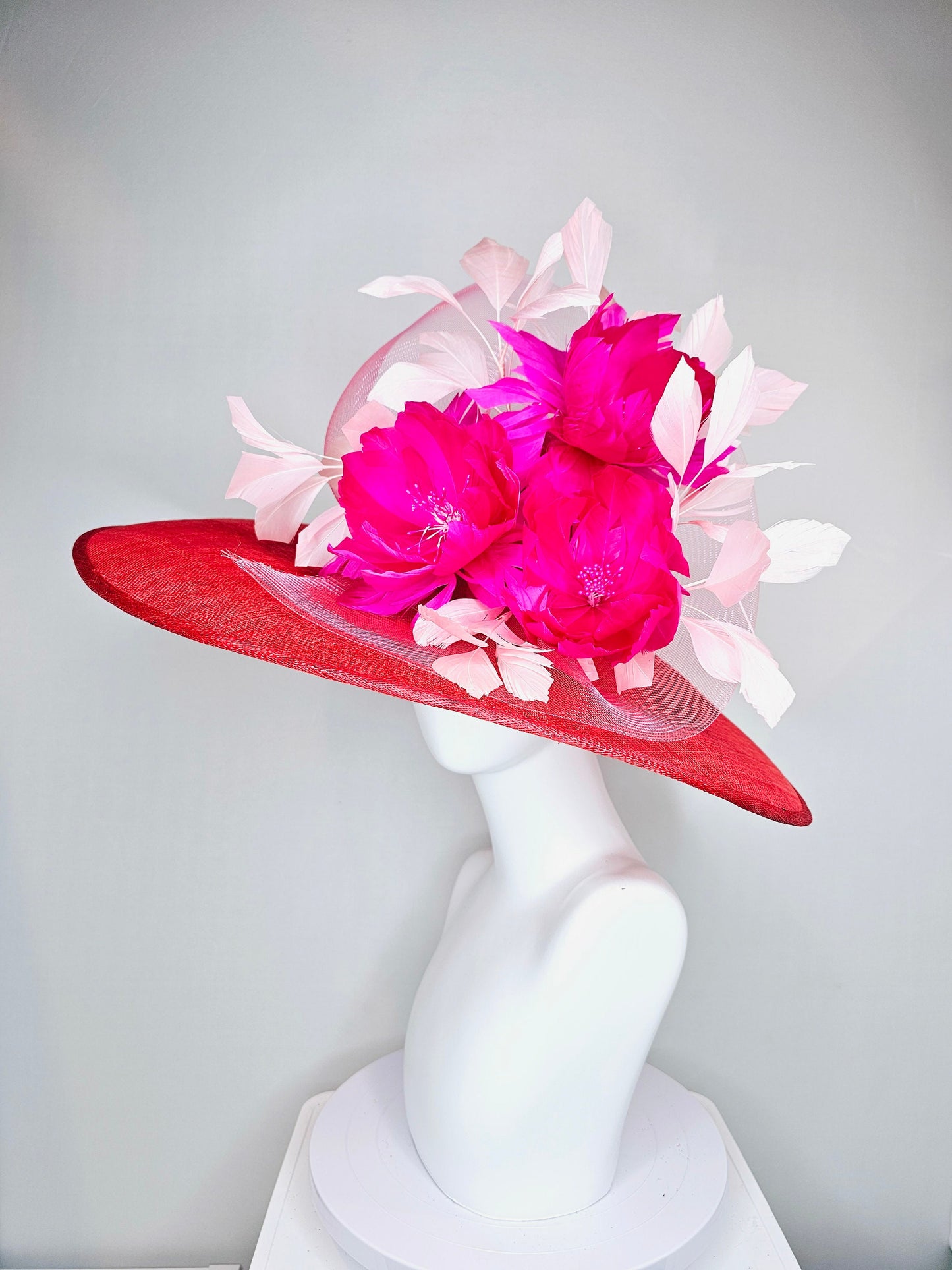 kentucky derby hat large wide brim sinamay red hat with light pink  feathers bright hot pink fuchsia  feather flowers