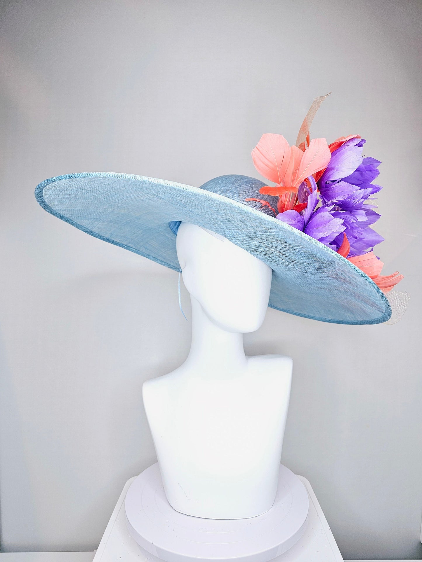 kentucky derby hat large wide brim sinamay light blue hat with coral orange  feathers purple violet feather flowers