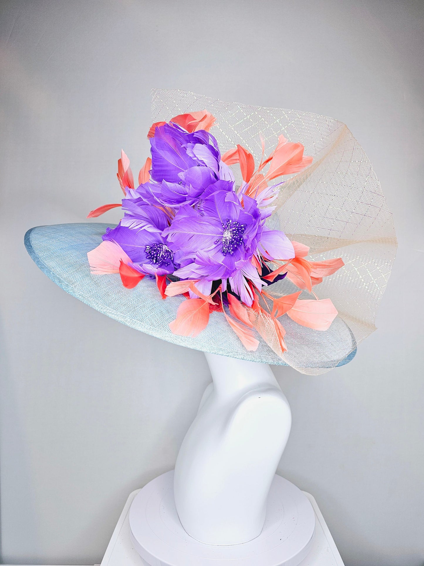 kentucky derby hat large wide brim sinamay light blue hat with coral orange  feathers purple violet feather flowers