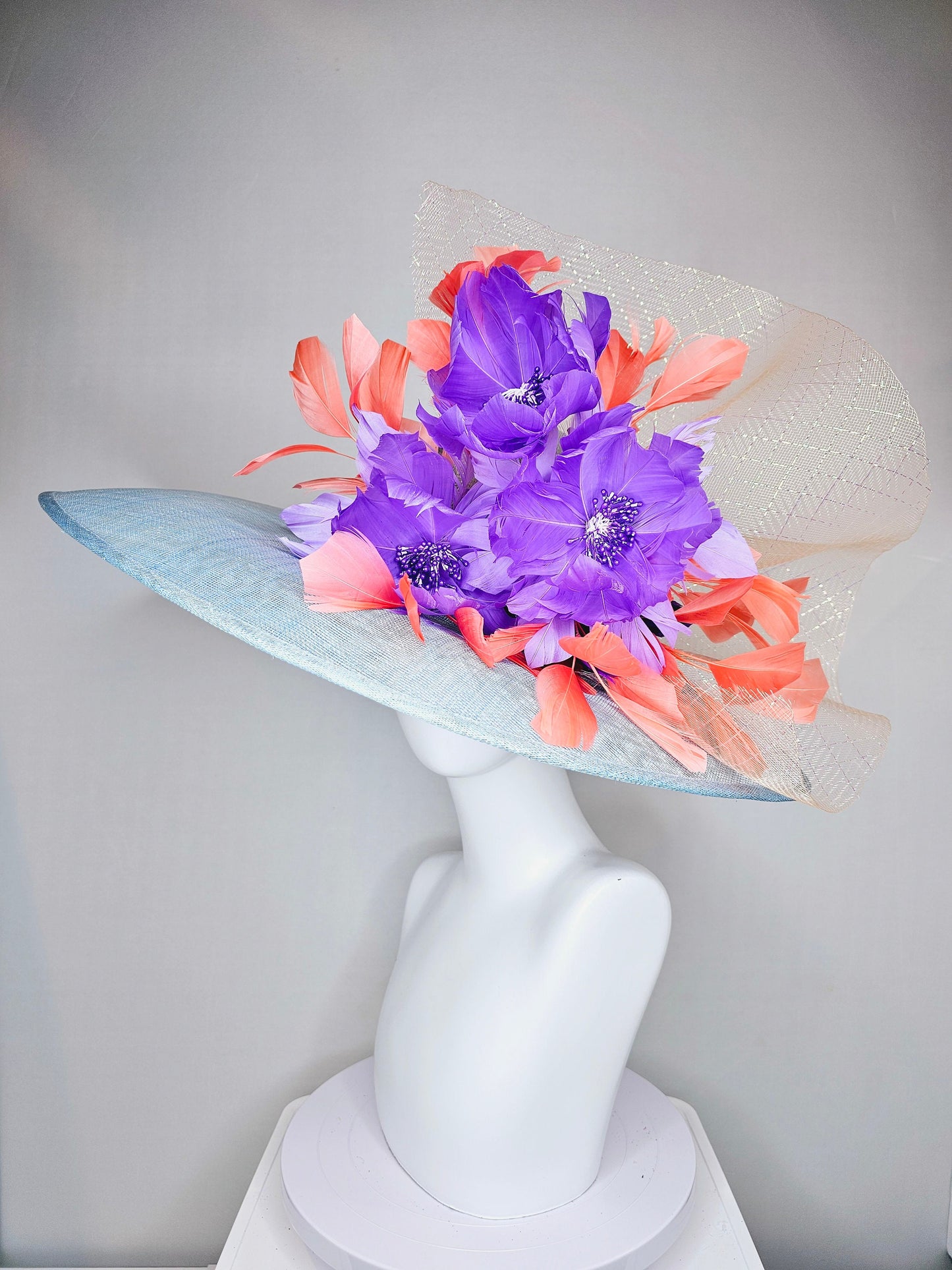 kentucky derby hat large wide brim sinamay light blue hat with coral orange  feathers purple violet feather flowers