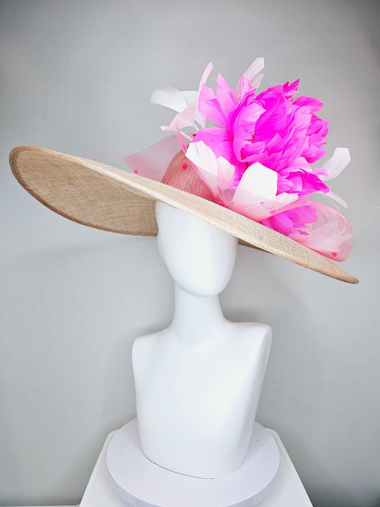 kentucky derby hat large wide brim sinamay neutral taupe beige hat with large white feathers bright pink  feather flowers