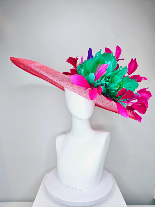 kentucky derby hat large wide brim sinamay coral pink hat with fuchsia bright pink  feathers green fluffy feather flowers