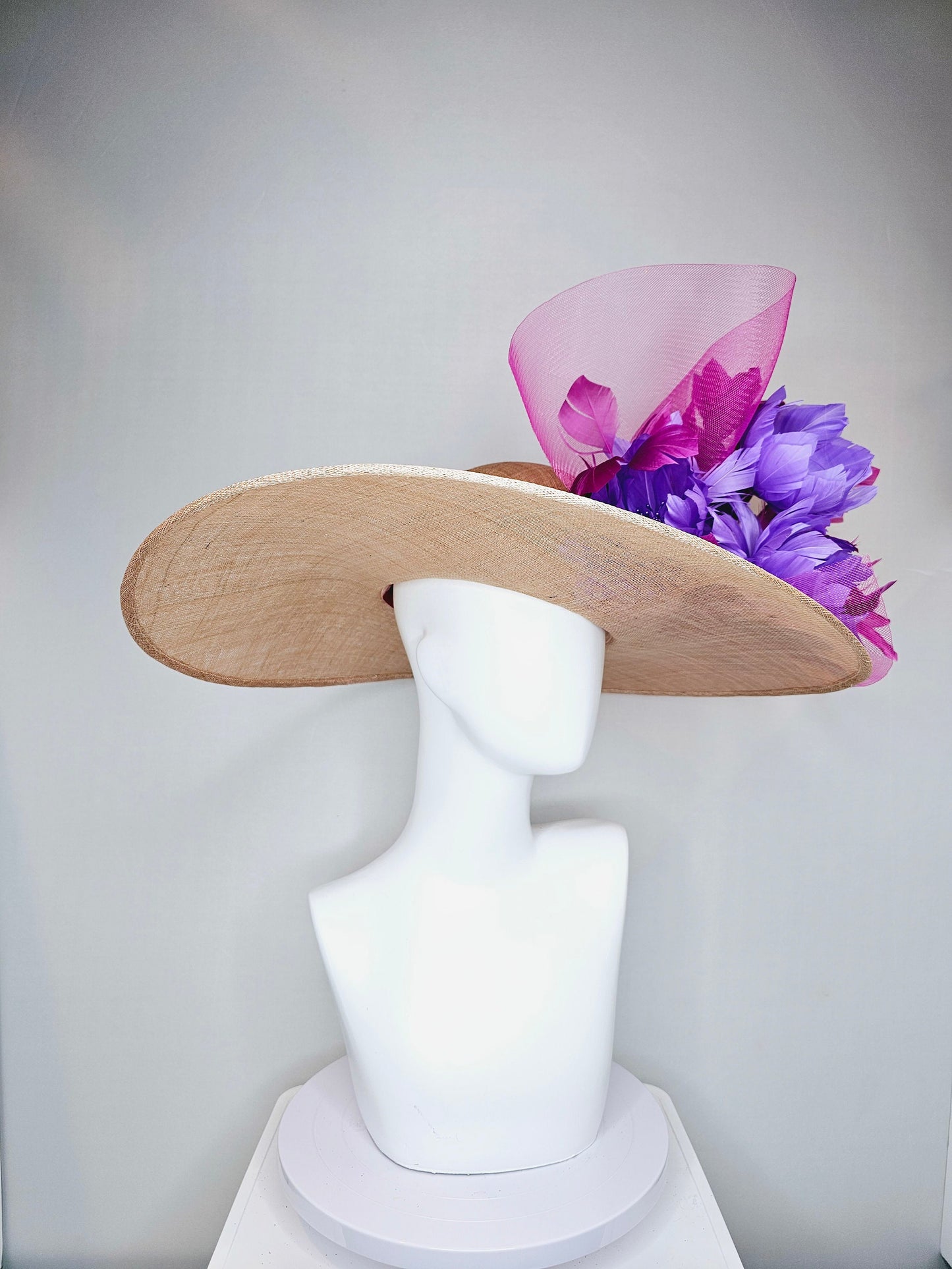 kentucky derby hat large wide brim sinamay neutral beige hat with violet pink feathers purple lavender  fluffy feather flowers