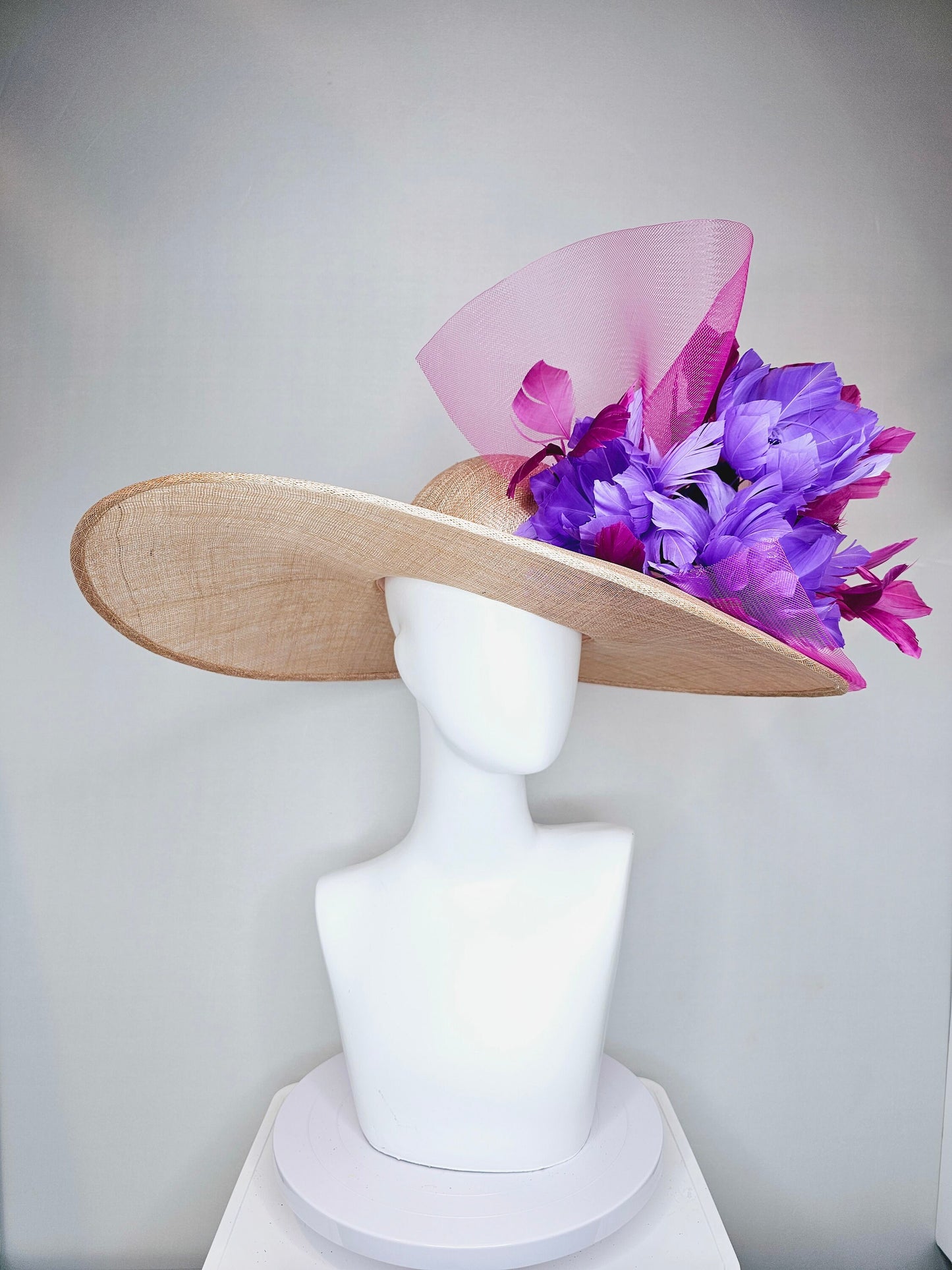 kentucky derby hat large wide brim sinamay neutral beige hat with violet pink feathers purple lavender  fluffy feather flowers