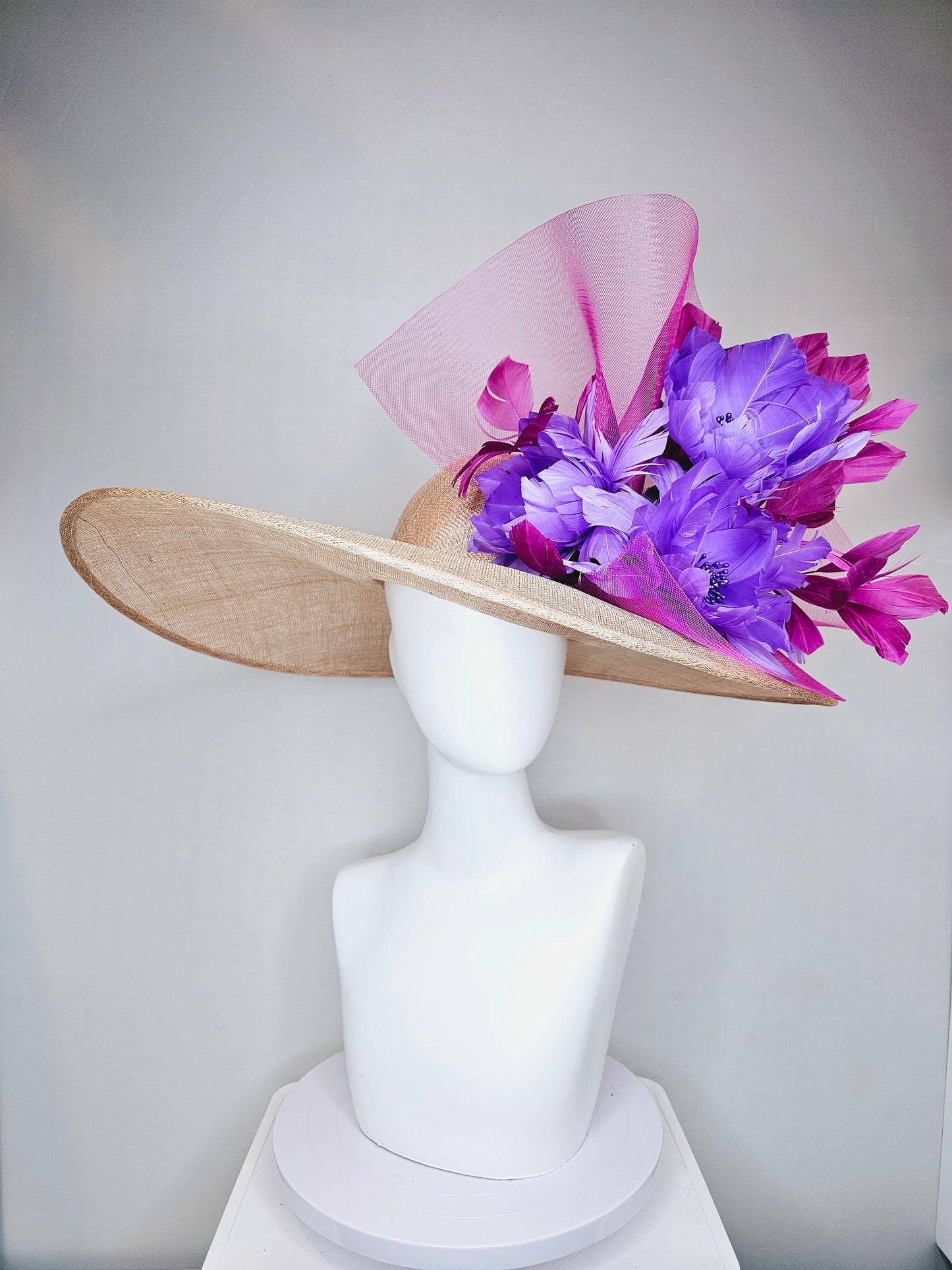 kentucky derby hat large wide brim sinamay neutral beige hat with violet pink feathers purple lavender  fluffy feather flowers