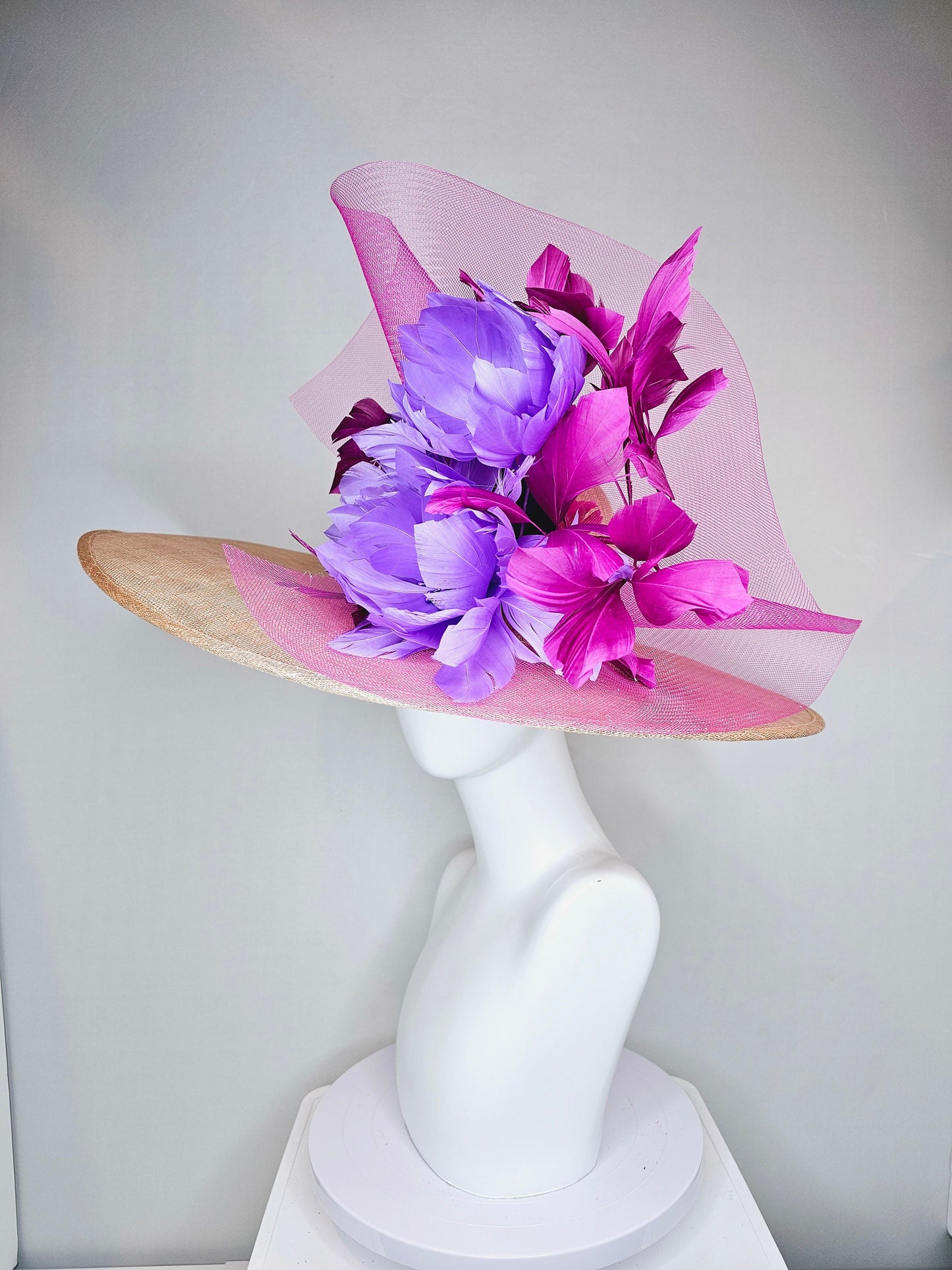 kentucky derby hat large wide brim sinamay neutral beige hat with violet pink feathers purple lavender  fluffy feather flowers