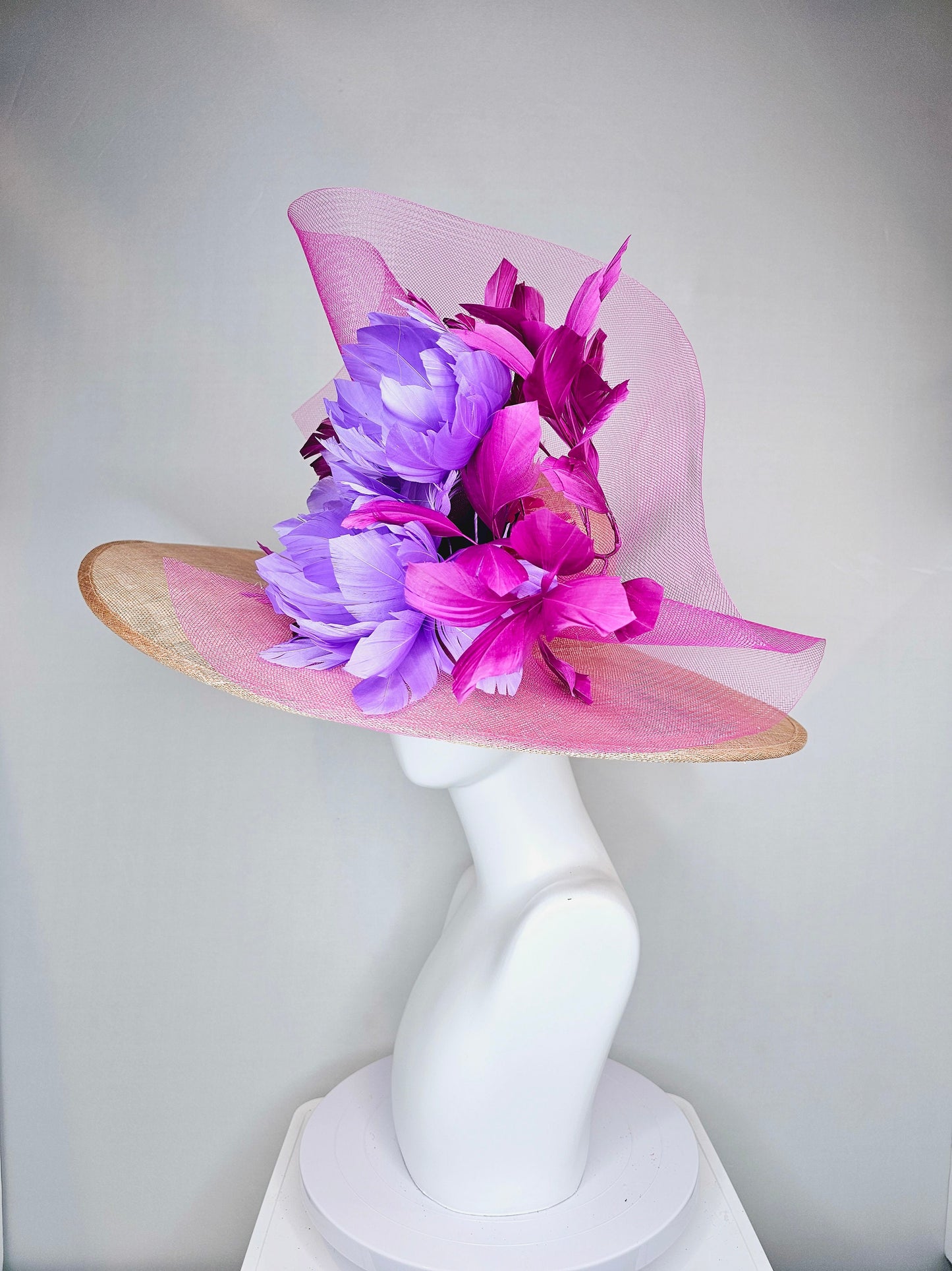 kentucky derby hat large wide brim sinamay neutral beige hat with violet pink feathers purple lavender  fluffy feather flowers