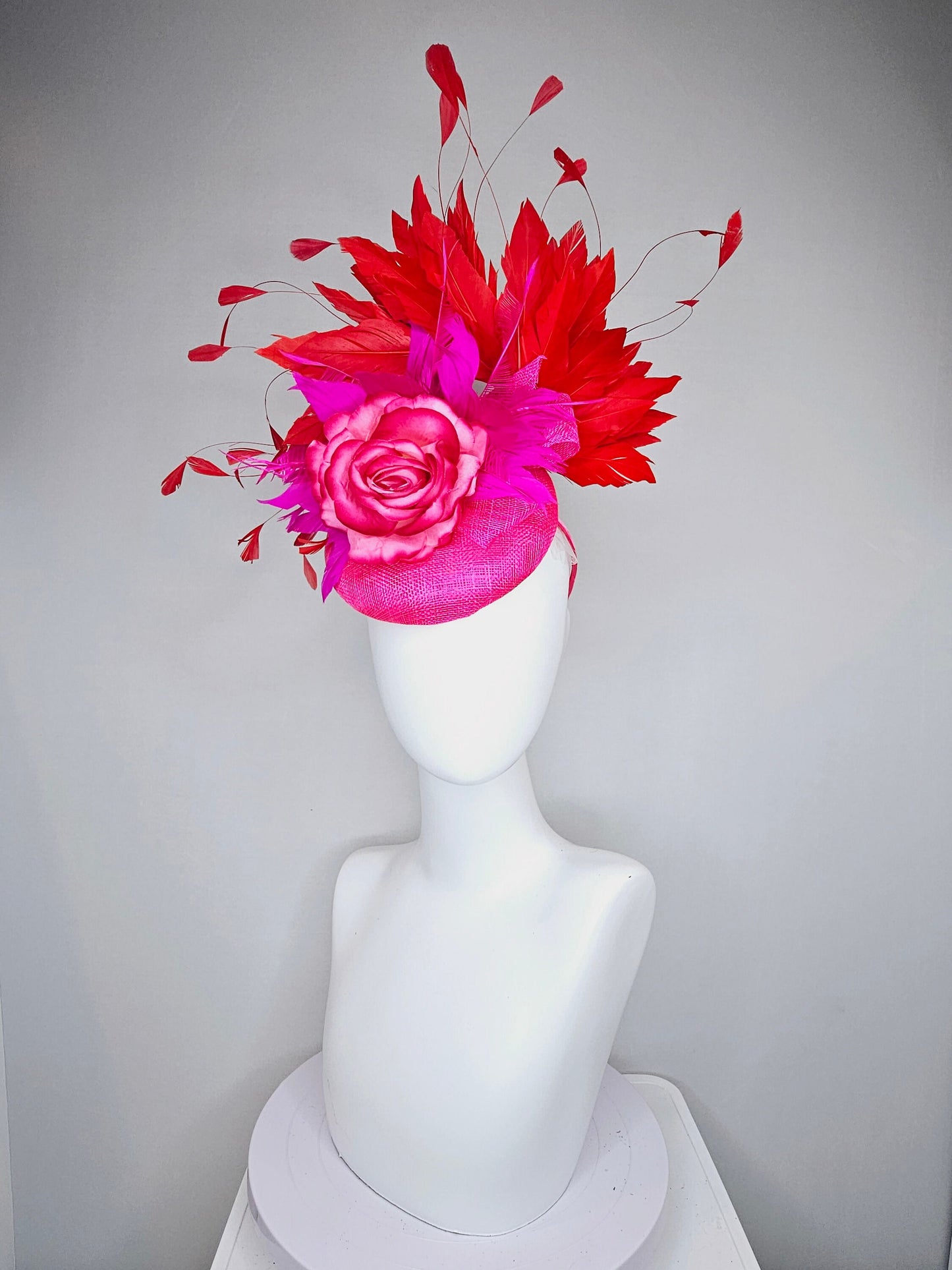 kentucky derby hat fascinator hot pink sinamay with bright pink red ombre rose flower with red feathers