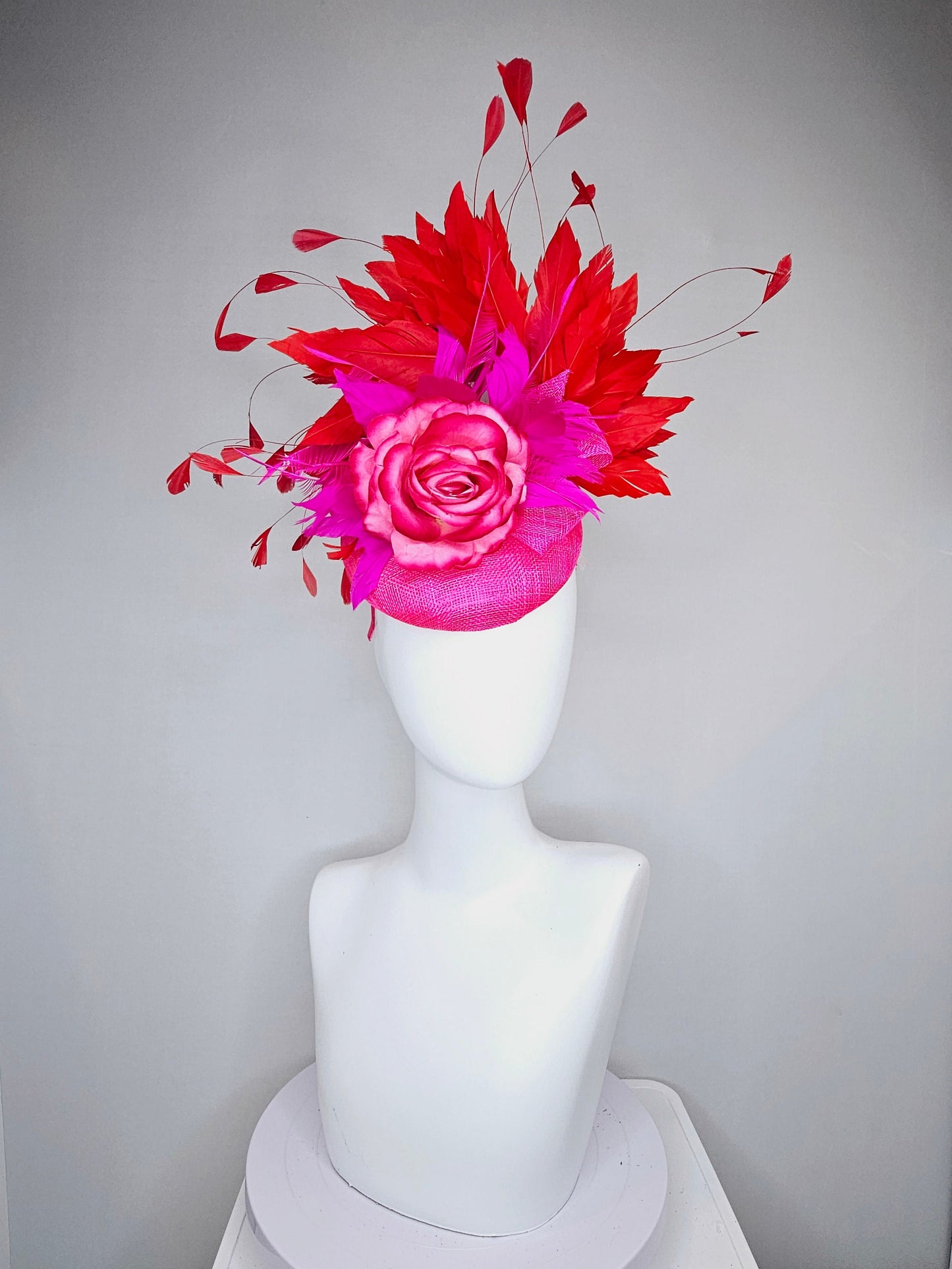 kentucky derby hat fascinator hot pink sinamay with bright pink red ombre rose flower with red feathers