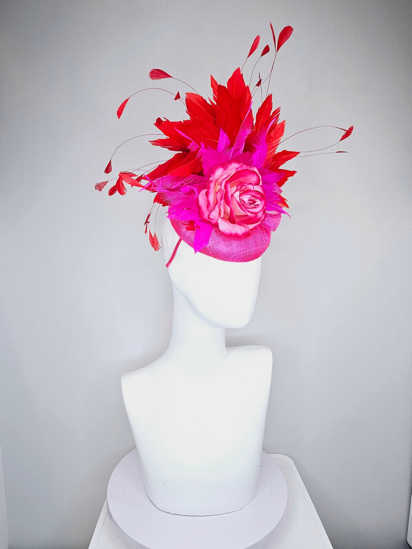 kentucky derby hat fascinator hot pink sinamay with bright pink red ombre rose flower with red feathers