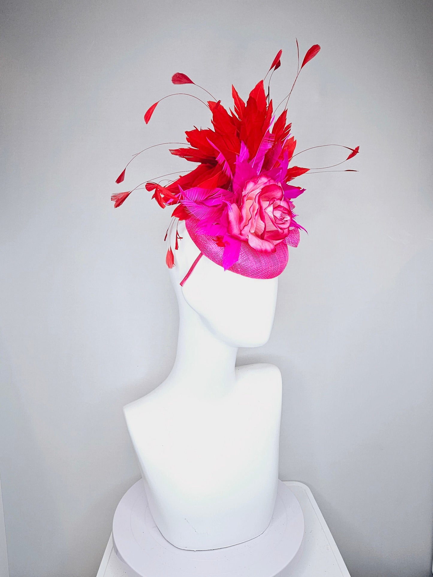 kentucky derby hat fascinator hot pink sinamay with bright pink red ombre rose flower with red feathers