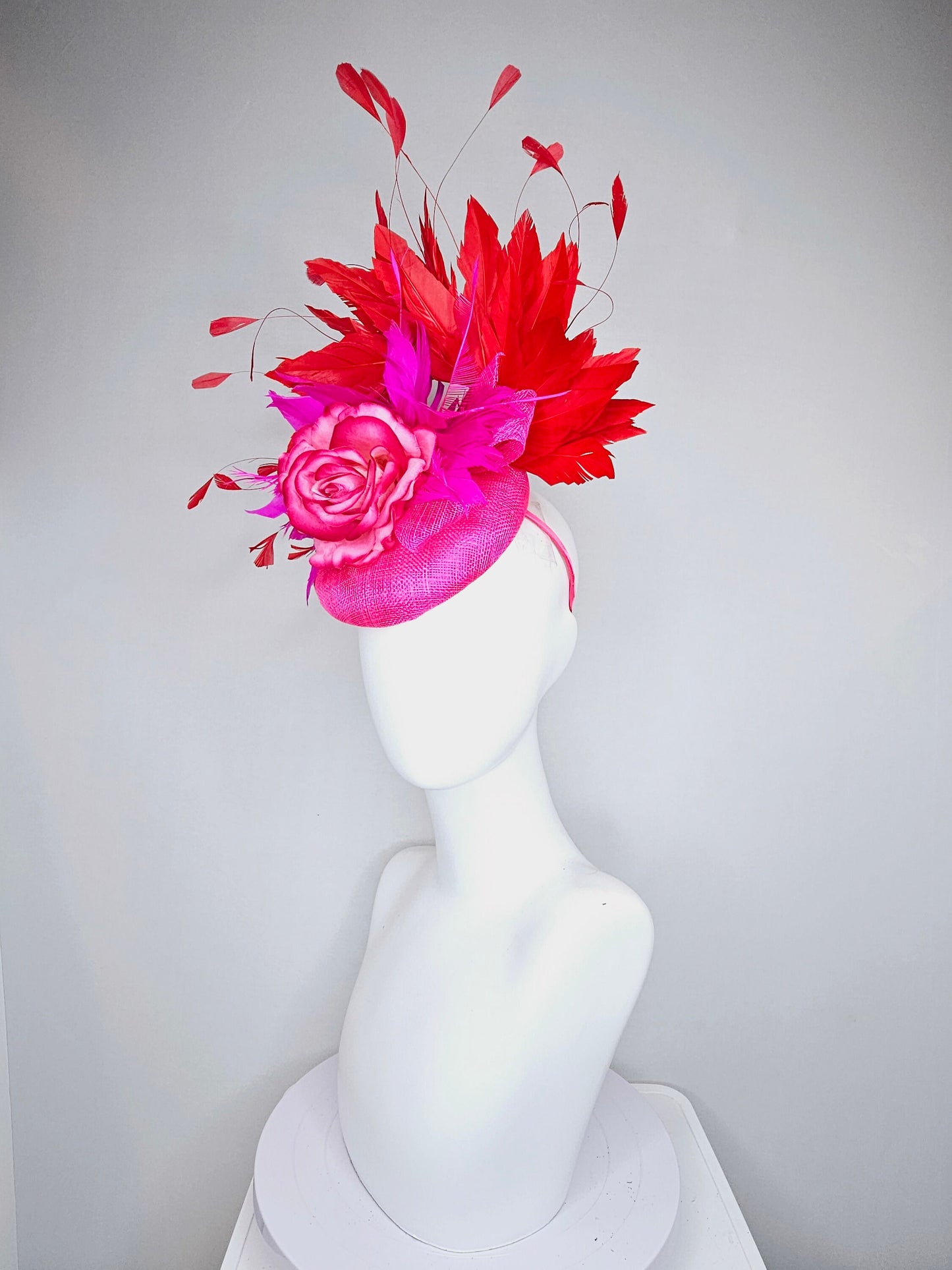 kentucky derby hat fascinator hot pink sinamay with bright pink red ombre rose flower with red feathers