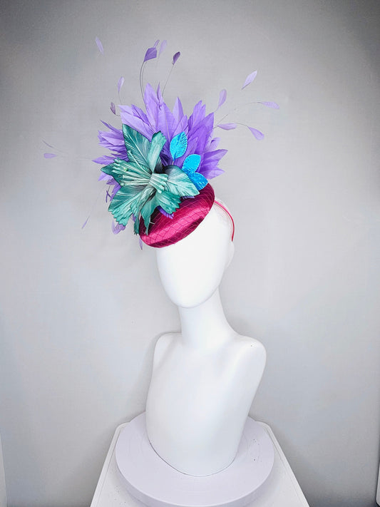 kentucky derby hat fascinator pink red wine fuchsia magenta satin teal green satin flower turquoise leaves lavender purple feathers