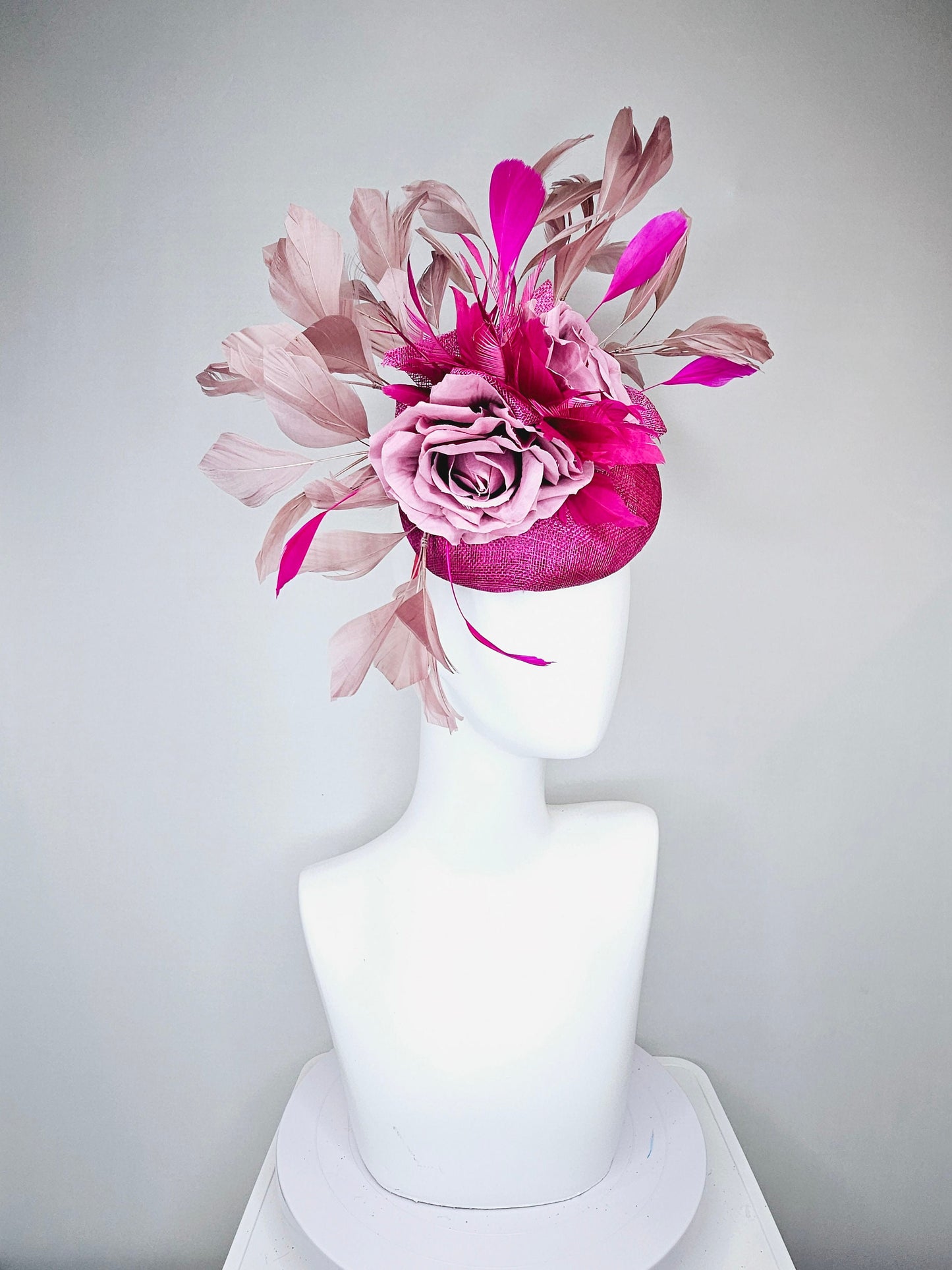 kentucky derby hat fascinator magenta purple sinamay with purple curls taupe gold feathers and pink feathers and roses