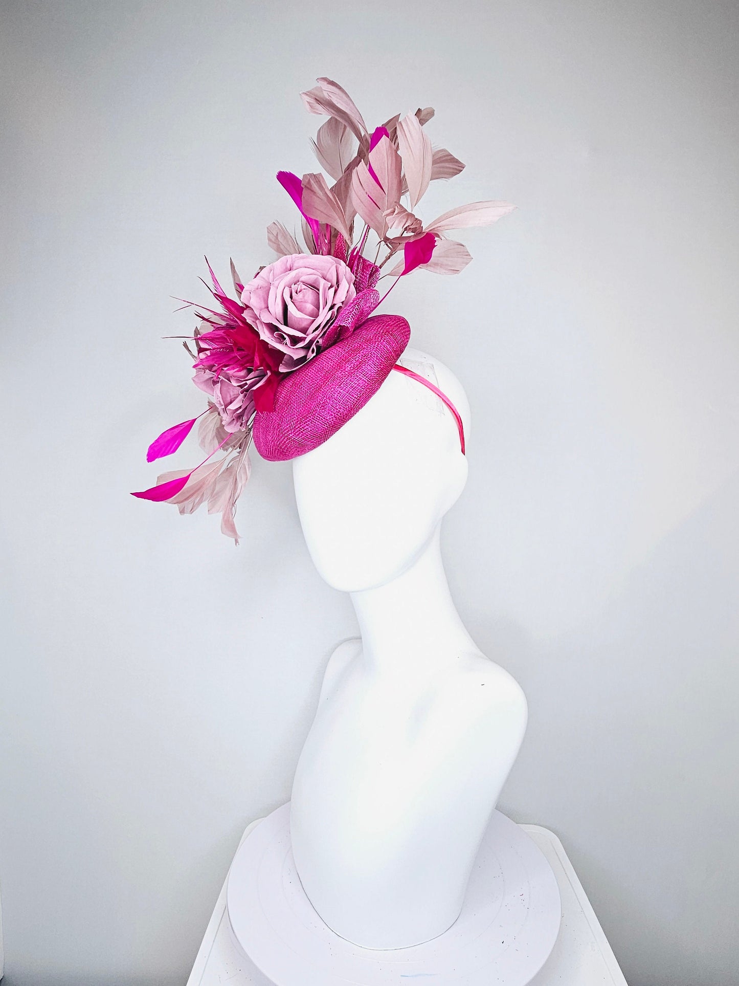 kentucky derby hat fascinator magenta purple sinamay with purple curls taupe gold feathers and pink feathers and roses