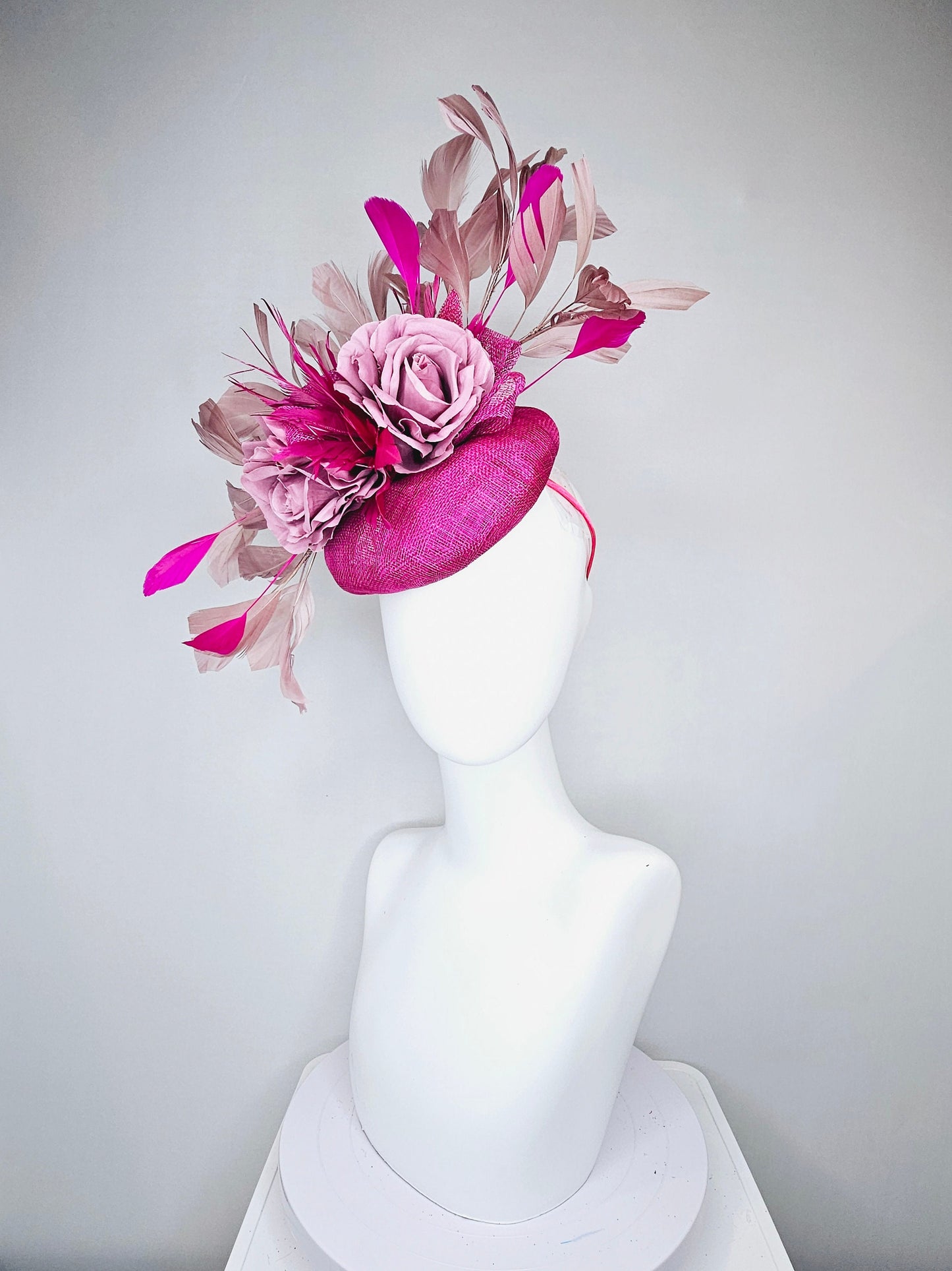 kentucky derby hat fascinator magenta purple sinamay with purple curls taupe gold feathers and pink feathers and roses