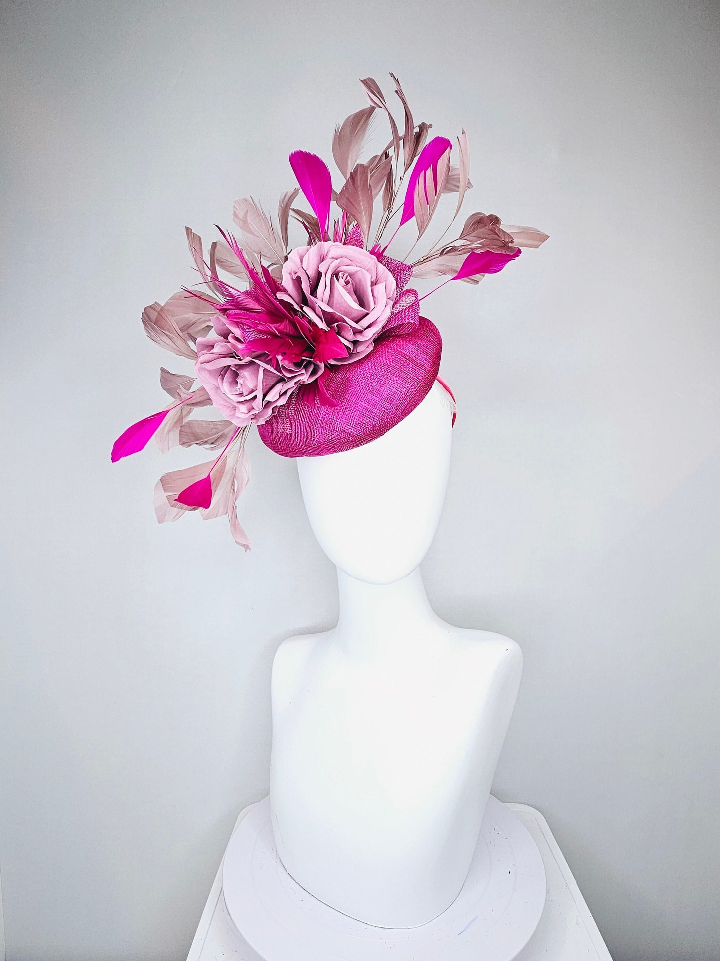 kentucky derby hat fascinator magenta purple sinamay with purple curls taupe gold feathers and pink feathers and roses