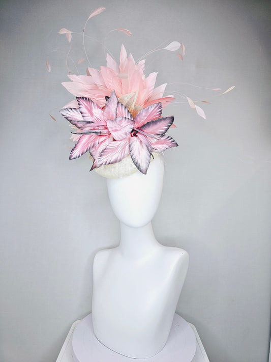 kentucky derby hat fascinator white sinamay with large pink blush gray silver flowers with light peach pink blush feathers