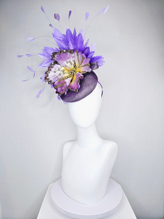 kentucky derby hat fascinator purple sinamay with large purple gold sparkle flower violet lavender feathers