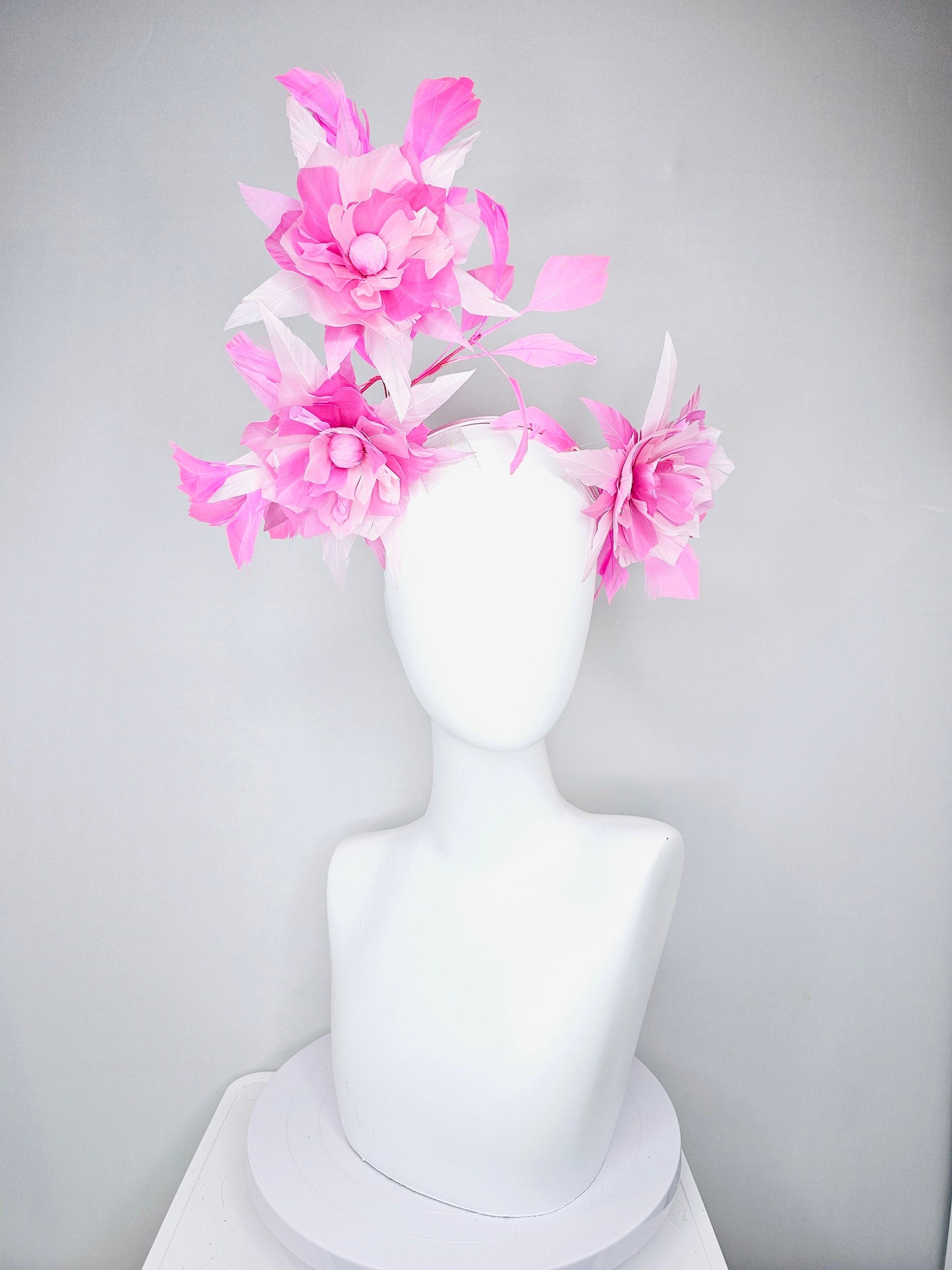 kentucky derby hat fascinator pink and blush abstract feather flowers with pink feathers