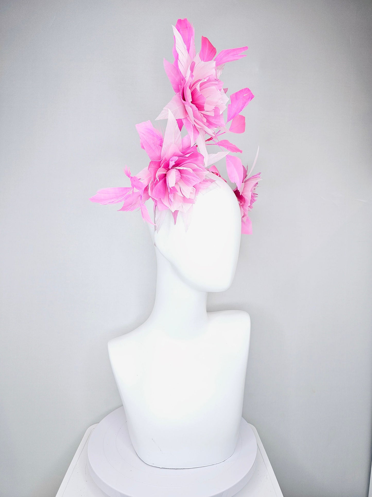 kentucky derby hat fascinator pink and blush abstract feather flowers with pink feathers