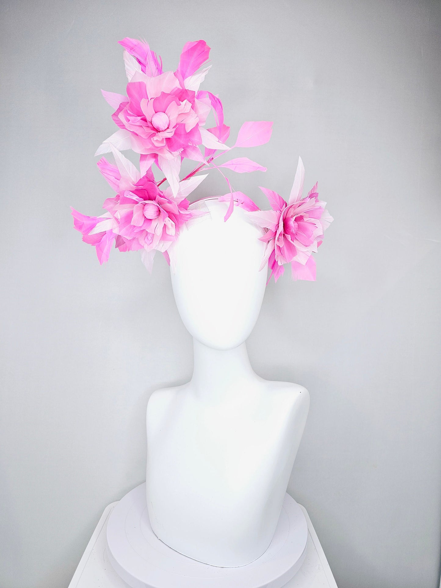 kentucky derby hat fascinator pink and blush abstract feather flowers with pink feathers