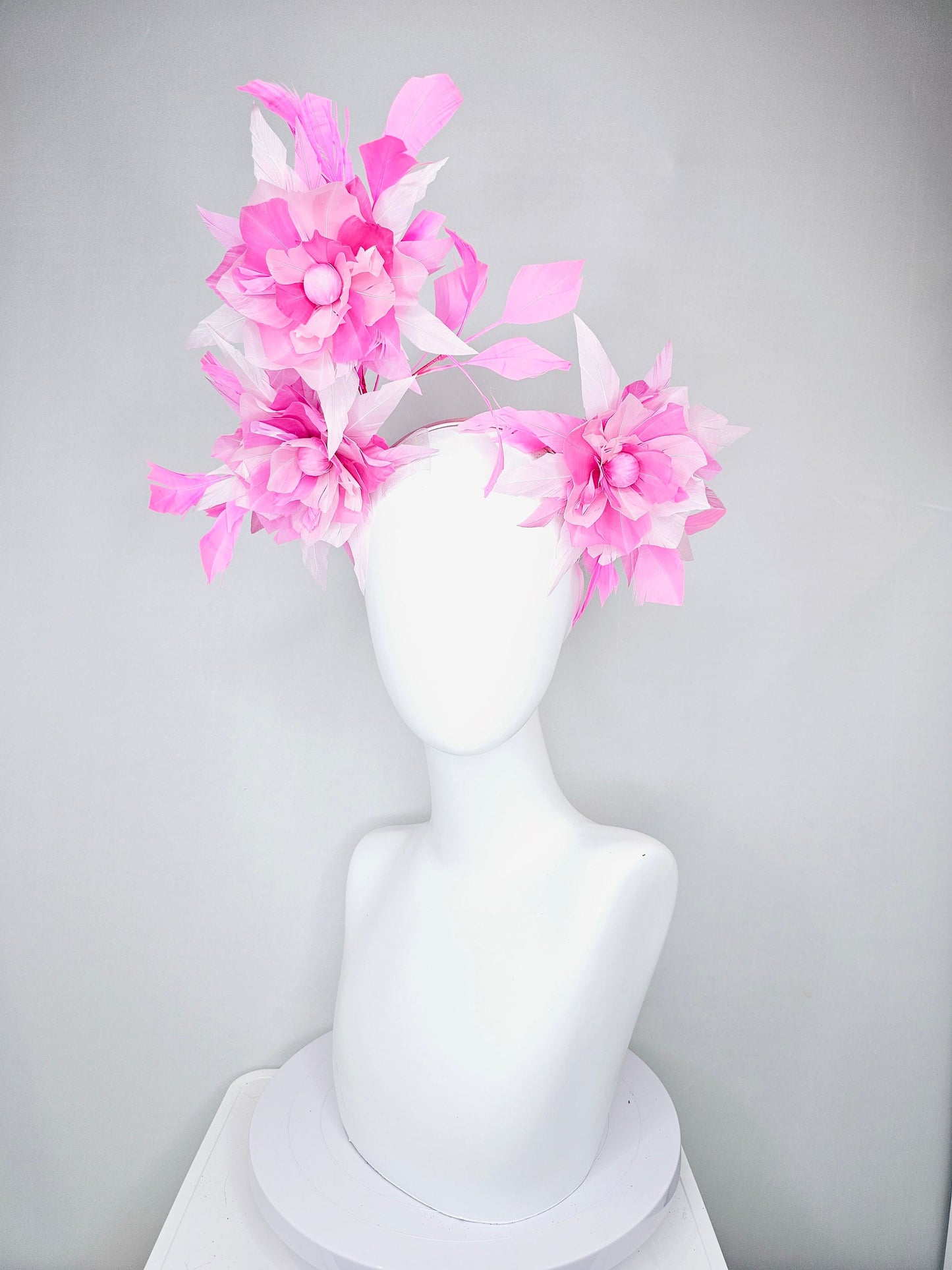 kentucky derby hat fascinator pink and blush abstract feather flowers with pink feathers