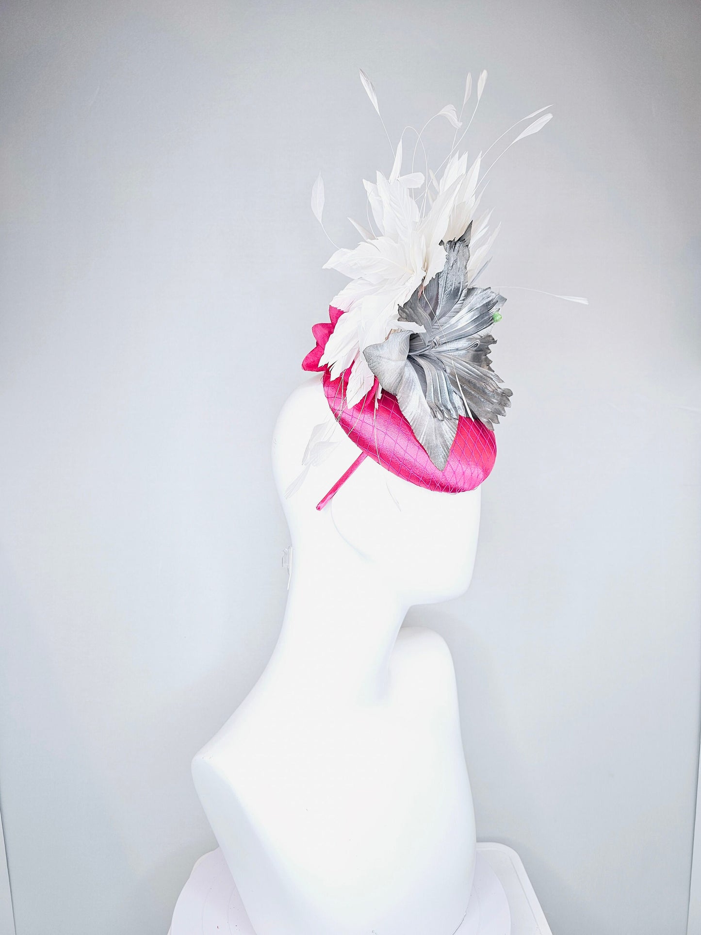 kentucky derby hat fascinator bright hot pink satin with large ombre gray silver satin flower with white feathers