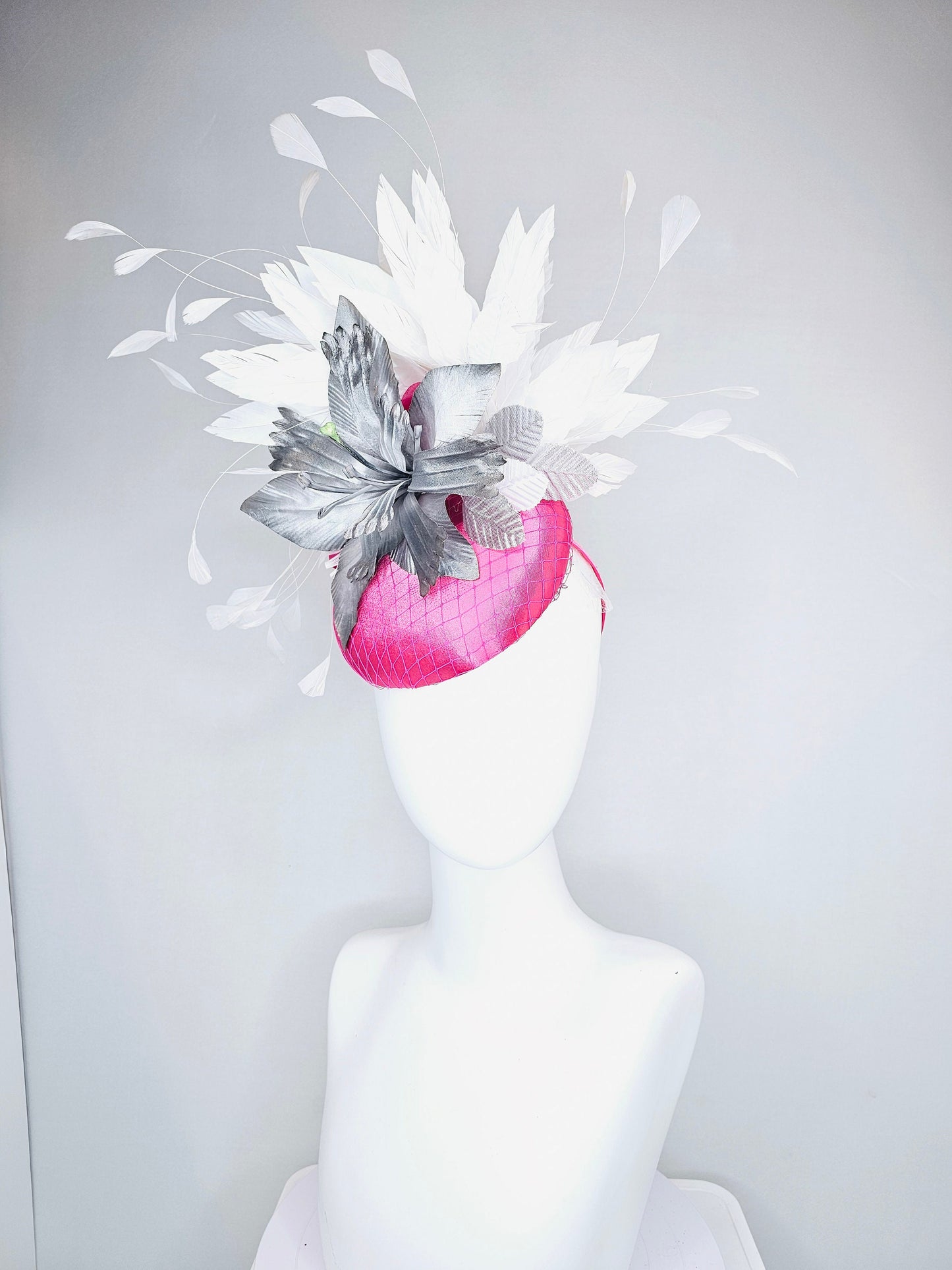 kentucky derby hat fascinator bright hot pink satin with large ombre gray silver satin flower with white feathers