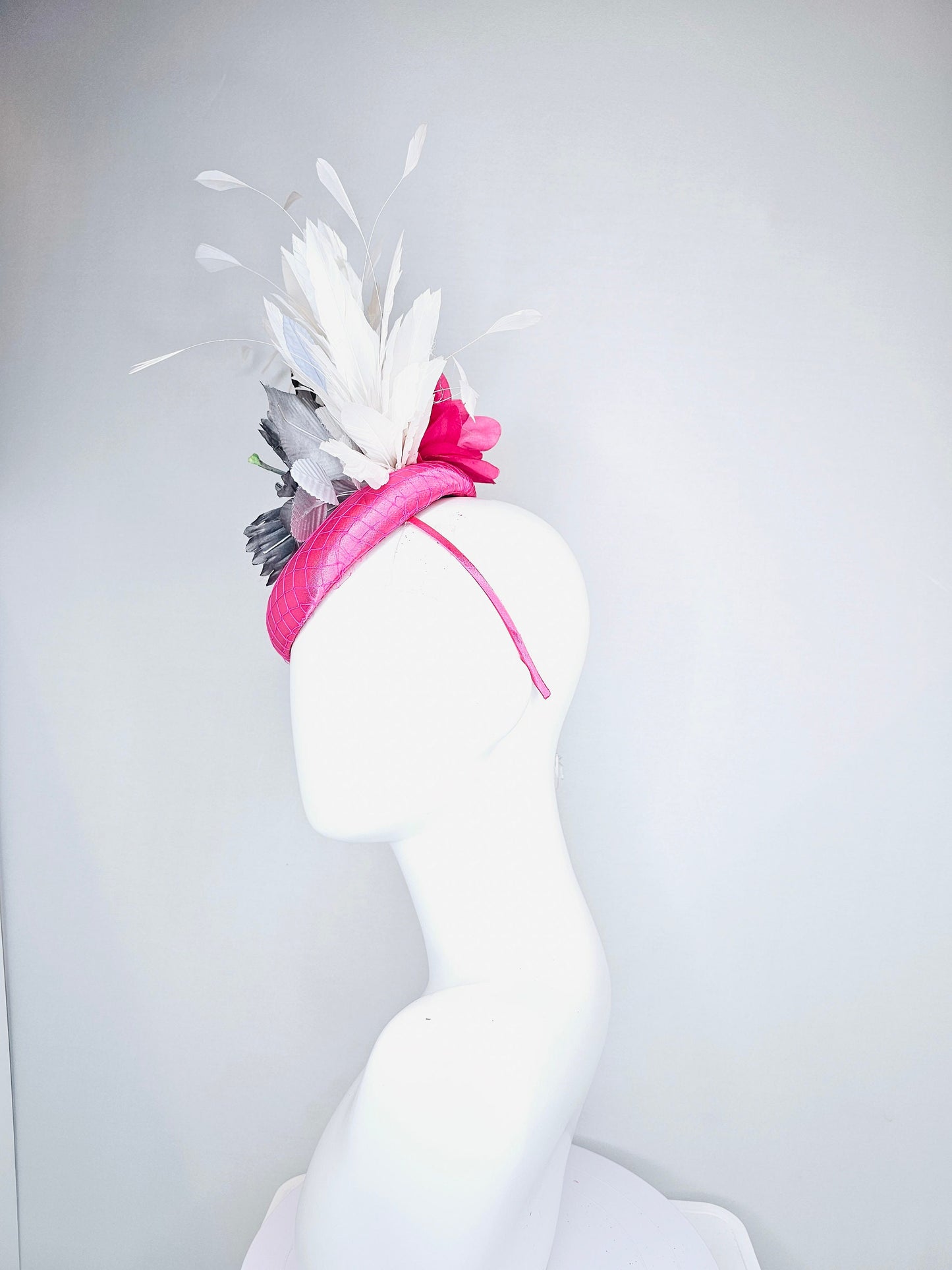 kentucky derby hat fascinator bright hot pink satin with large ombre gray silver satin flower with white feathers