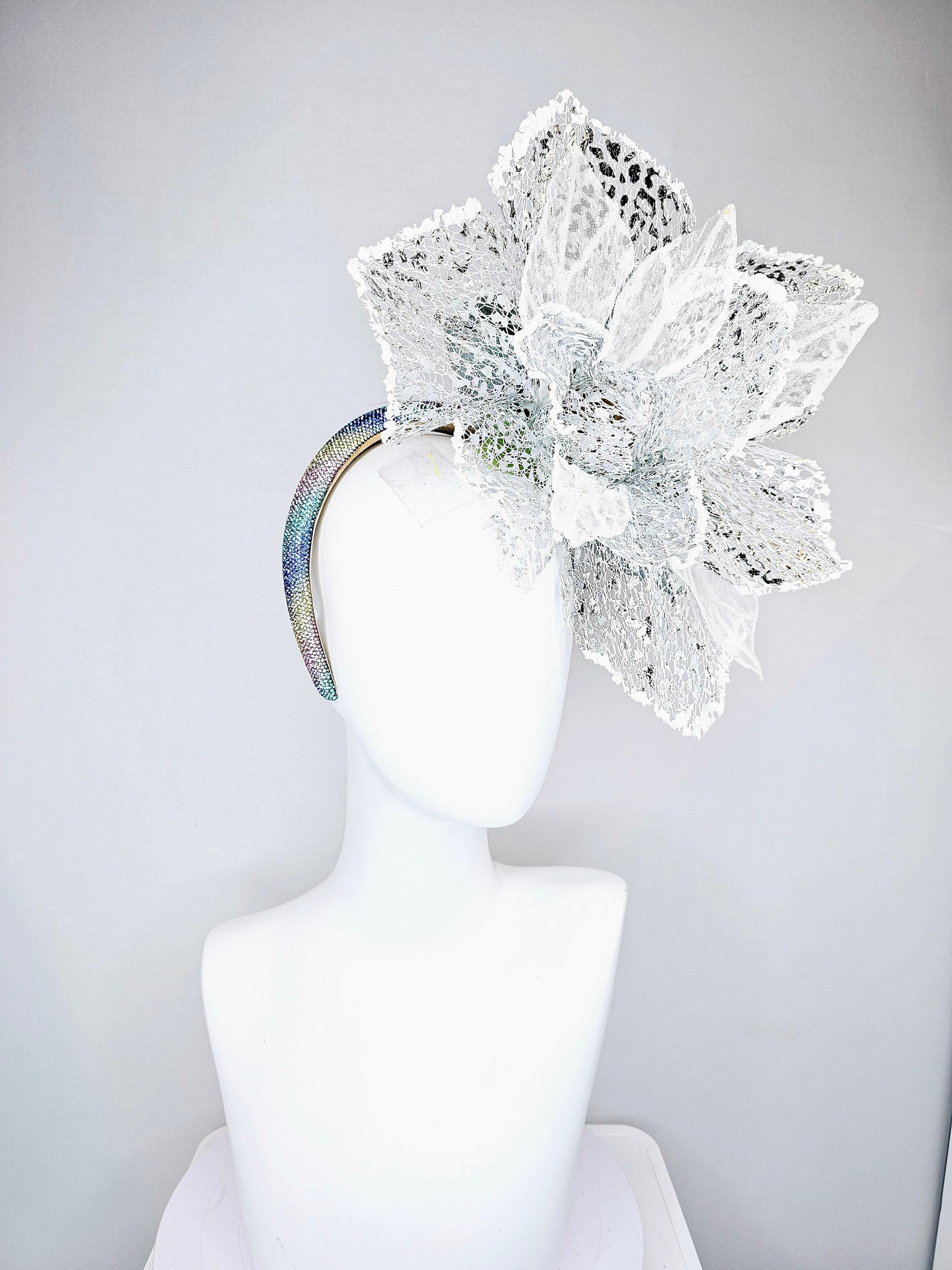 kentucky derby hat fascinator pastel colorful rainbow crystal headband with white silver lace mesh large flower