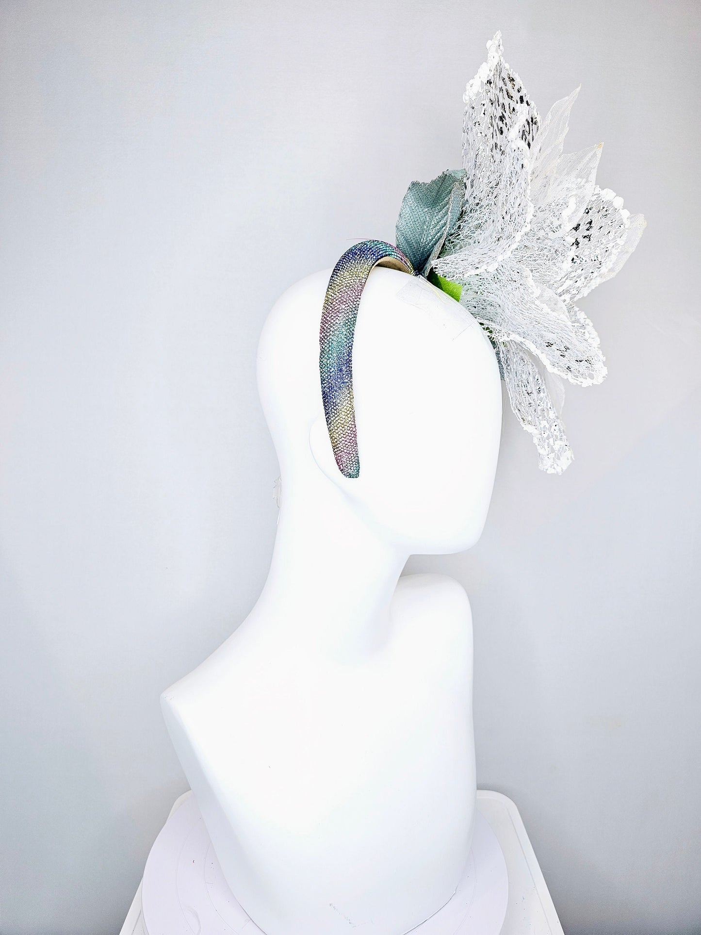 kentucky derby hat fascinator pastel colorful rainbow crystal headband with white silver lace mesh large flower