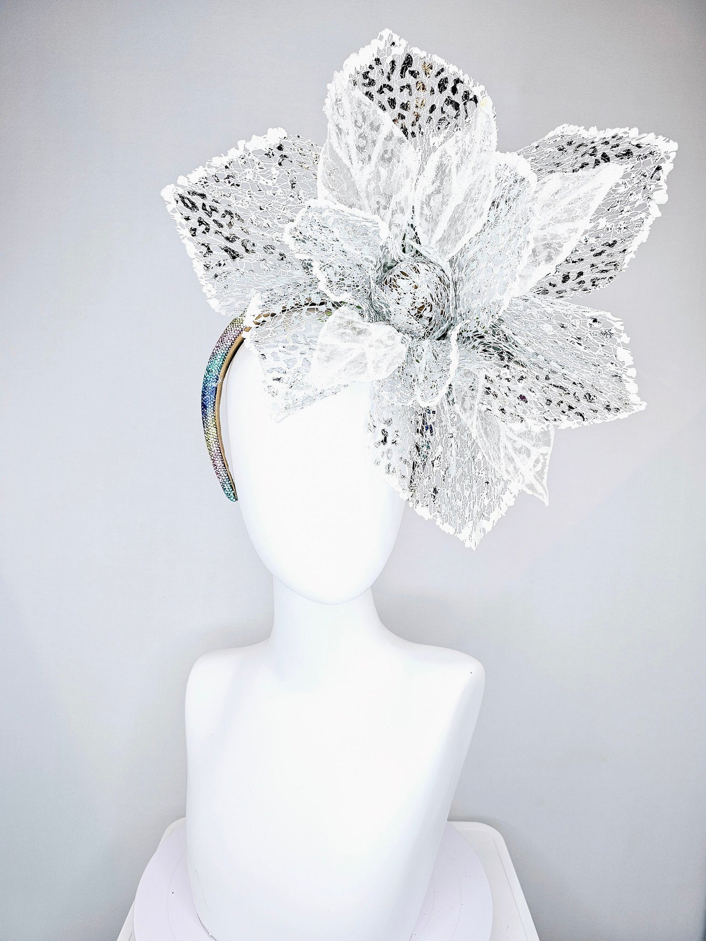 kentucky derby hat fascinator pastel colorful rainbow crystal headband with white silver lace mesh large flower