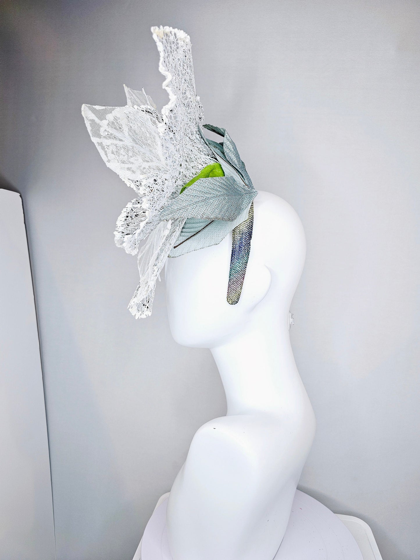 kentucky derby hat fascinator pastel colorful rainbow crystal headband with white silver lace mesh large flower