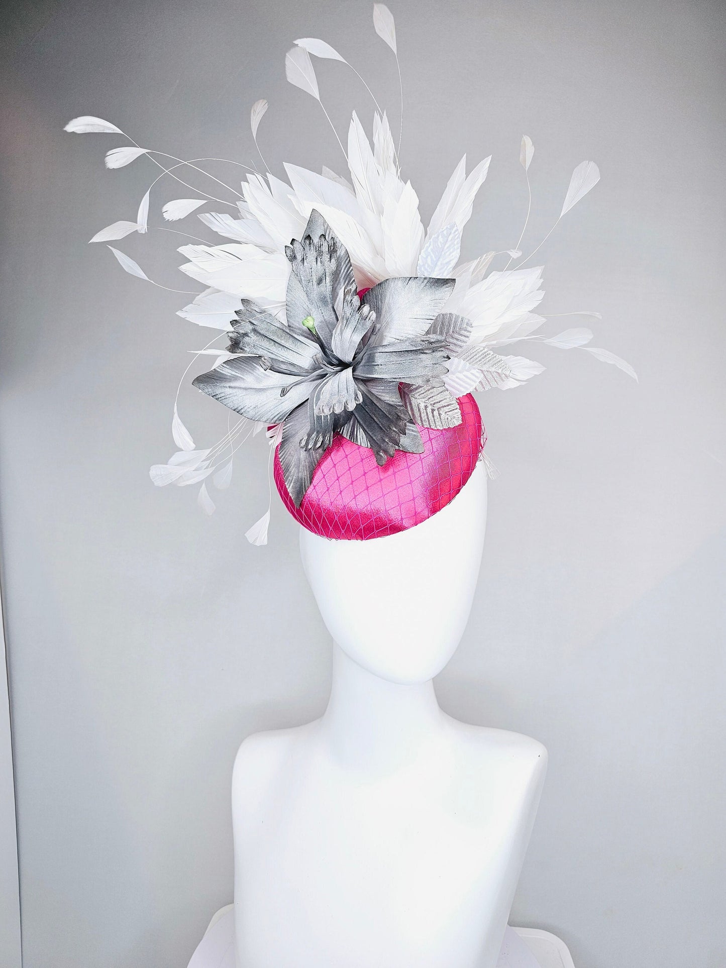 kentucky derby hat fascinator bright hot pink satin with large ombre gray silver satin flower with white feathers