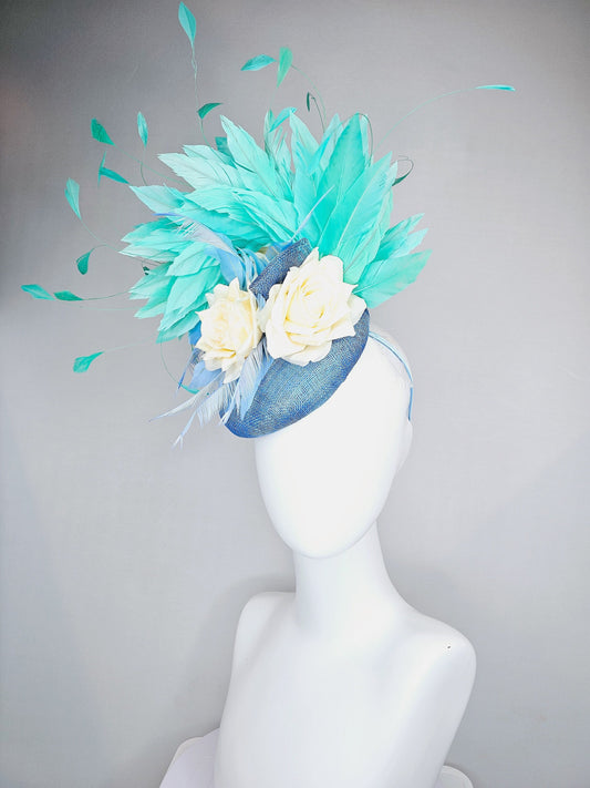 kentucky derby hat fascinator light blue sinamay with light yellow roses and  green feathers