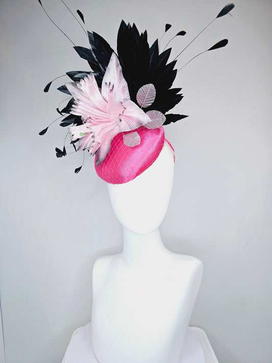 kentucky derby hat fascinator hot pink satin with black white pink silver ombre large satin flowers with black feathers silver leaves