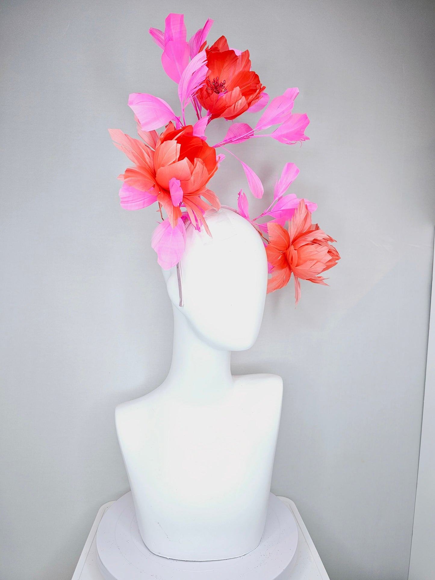 kentucky derby hat fascinator large fluffy coral orange feather flowers with pink feathers