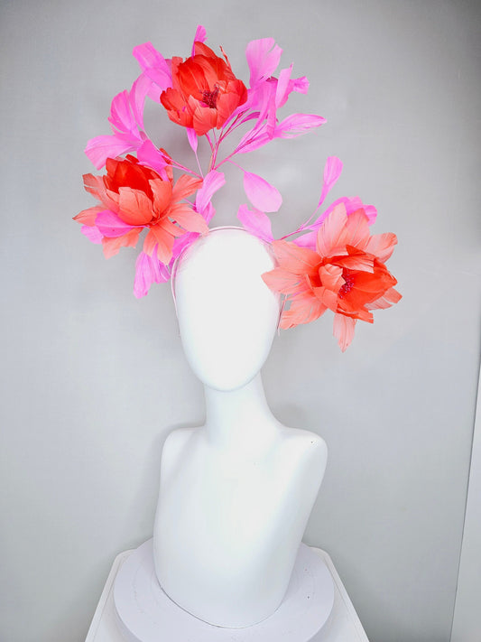 kentucky derby hat fascinator large fluffy coral orange feather flowers with pink feathers