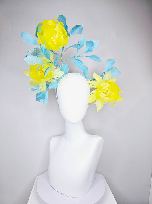 kentucky derby hat fascinator large fluffy yellow feather flowers with peacock blue teal feathers