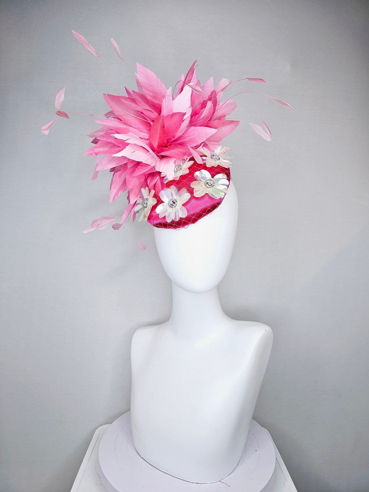 kentucky derby hat fascinator bright fuchsia pink satin with irridescent white sequin flower decor with pink two tone  feathers