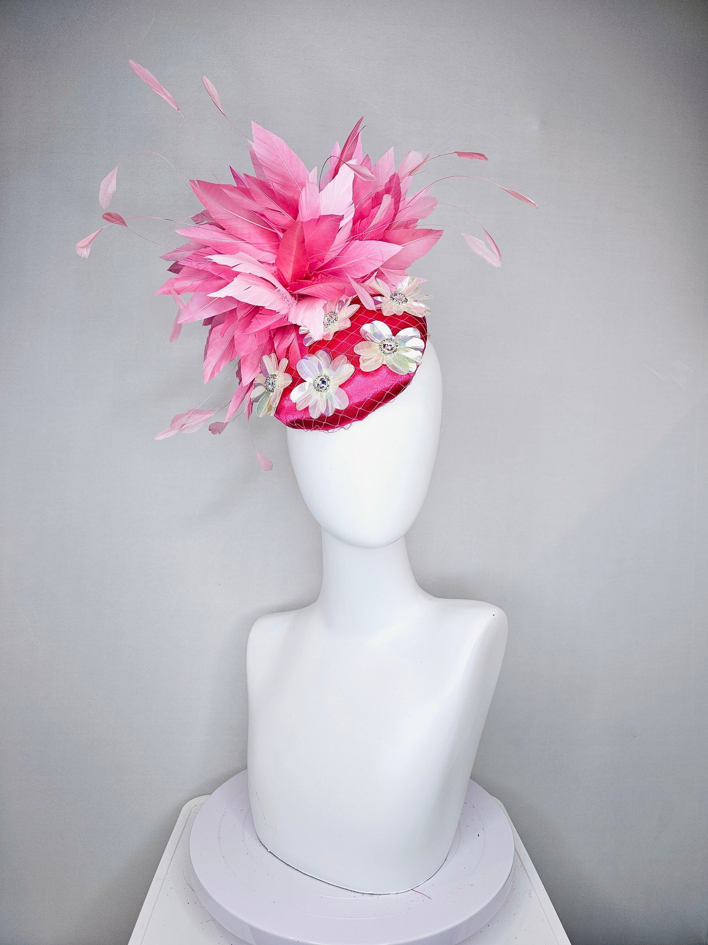 kentucky derby hat fascinator bright fuchsia pink satin with irridescent white sequin flower decor with pink two tone  feathers