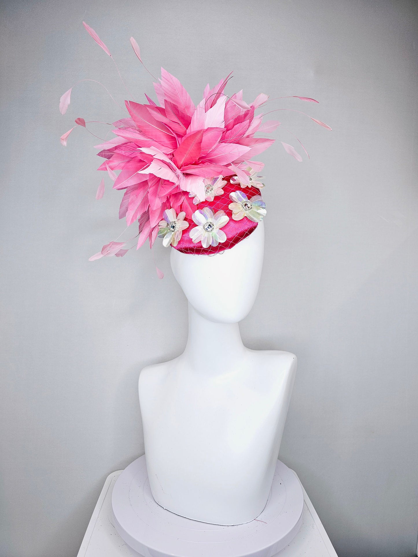 kentucky derby hat fascinator bright fuchsia pink satin with irridescent white sequin flower decor with pink two tone  feathers