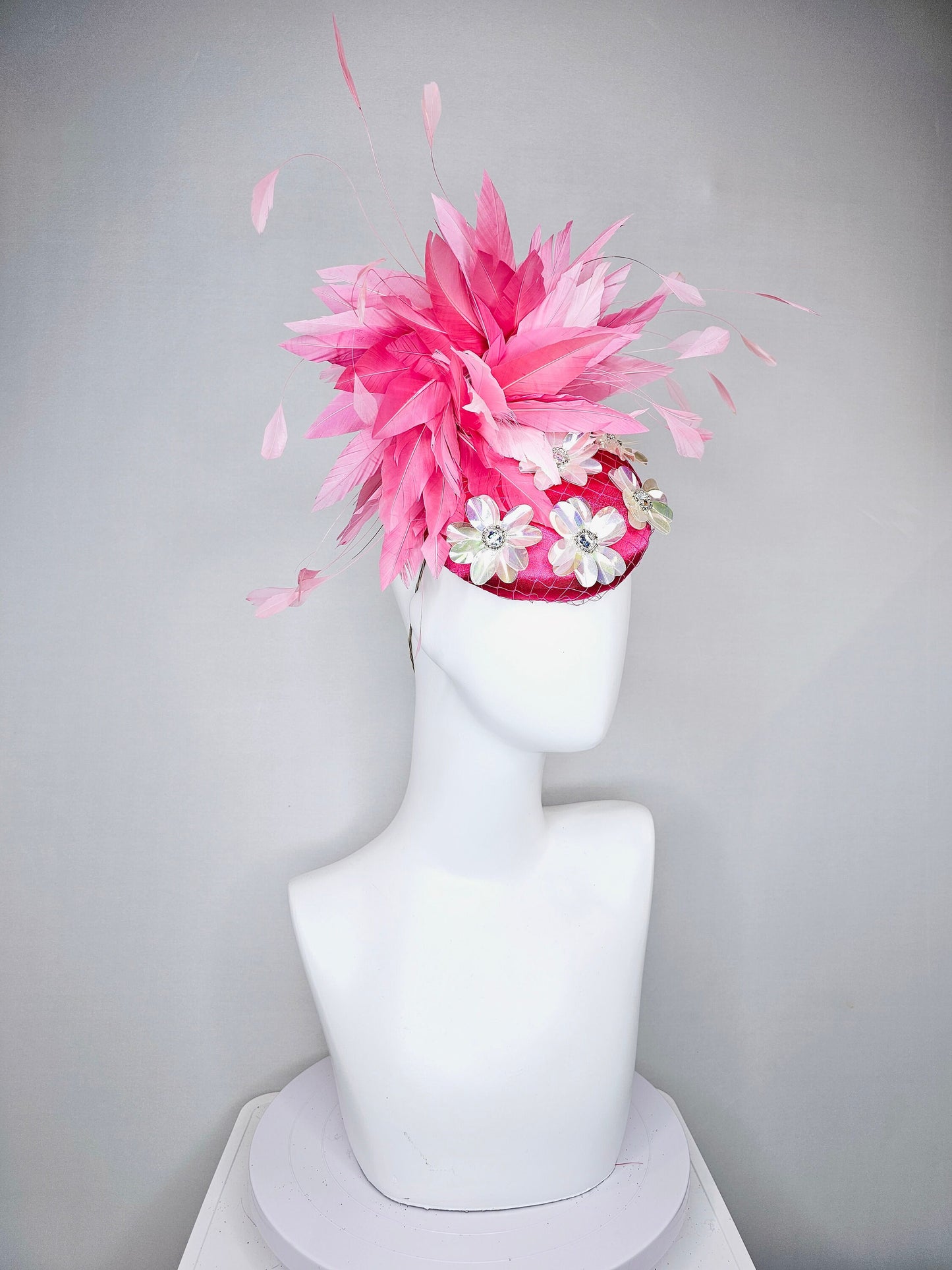 kentucky derby hat fascinator bright fuchsia pink satin with irridescent white sequin flower decor with pink two tone  feathers