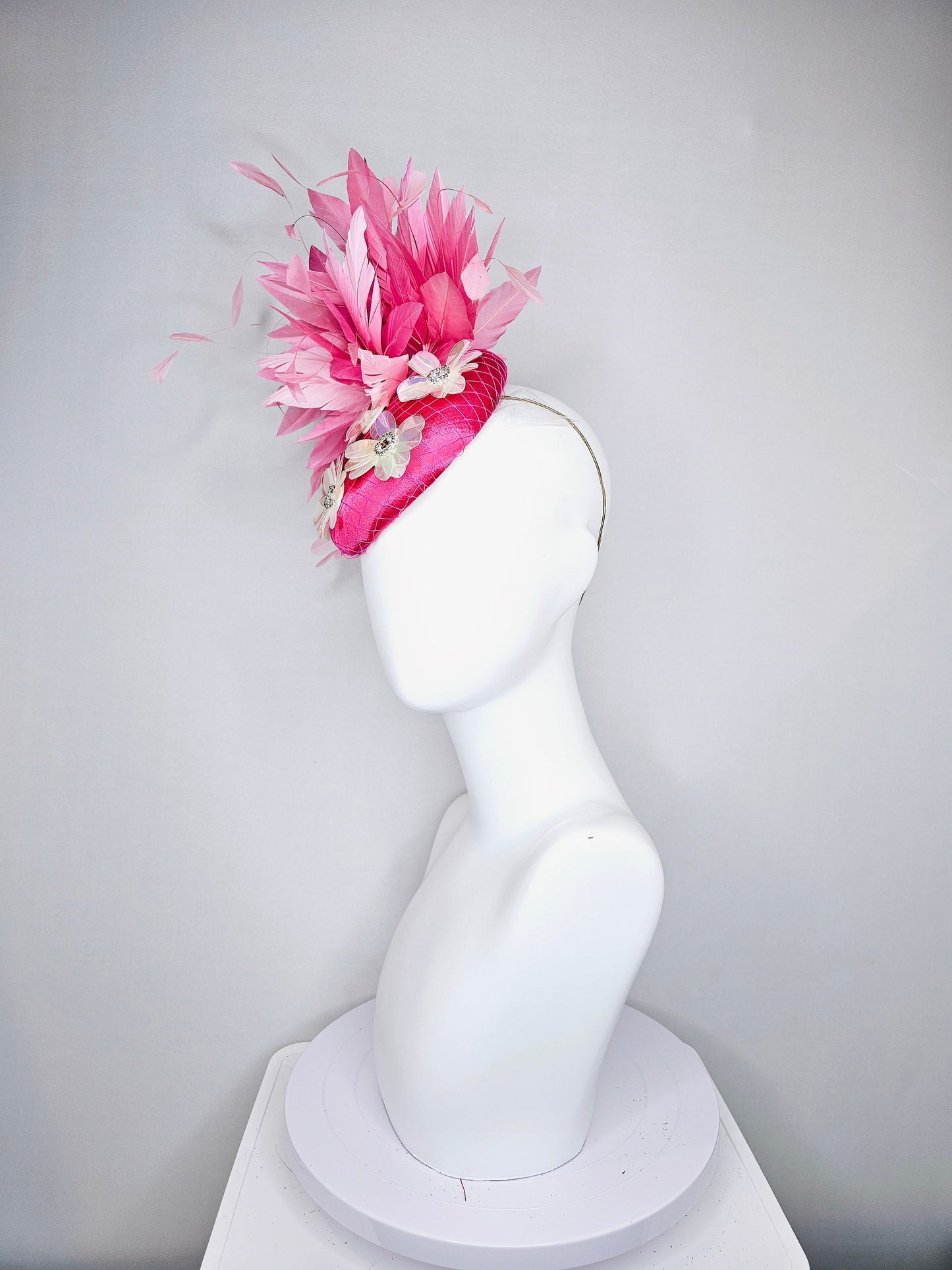 kentucky derby hat fascinator bright fuchsia pink satin with irridescent white sequin flower decor with pink two tone  feathers