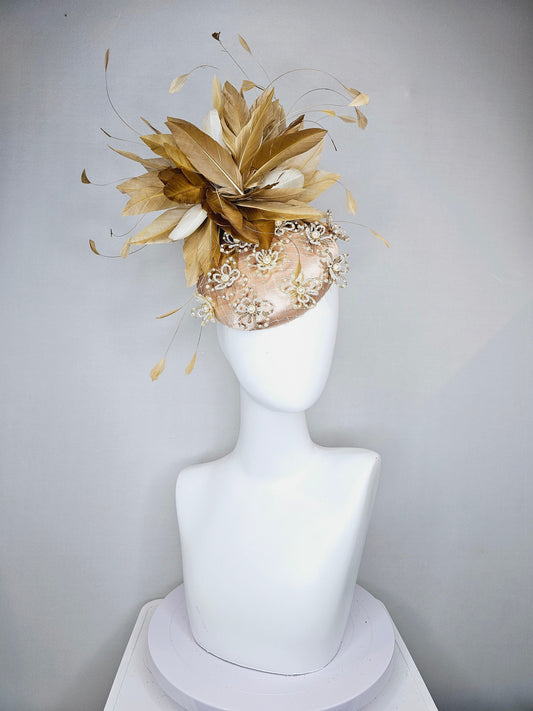 kentucky derby hat fascinator beige champagne satin with taupe ivory pearl beaded  lower decor with taupe beige white feathers
